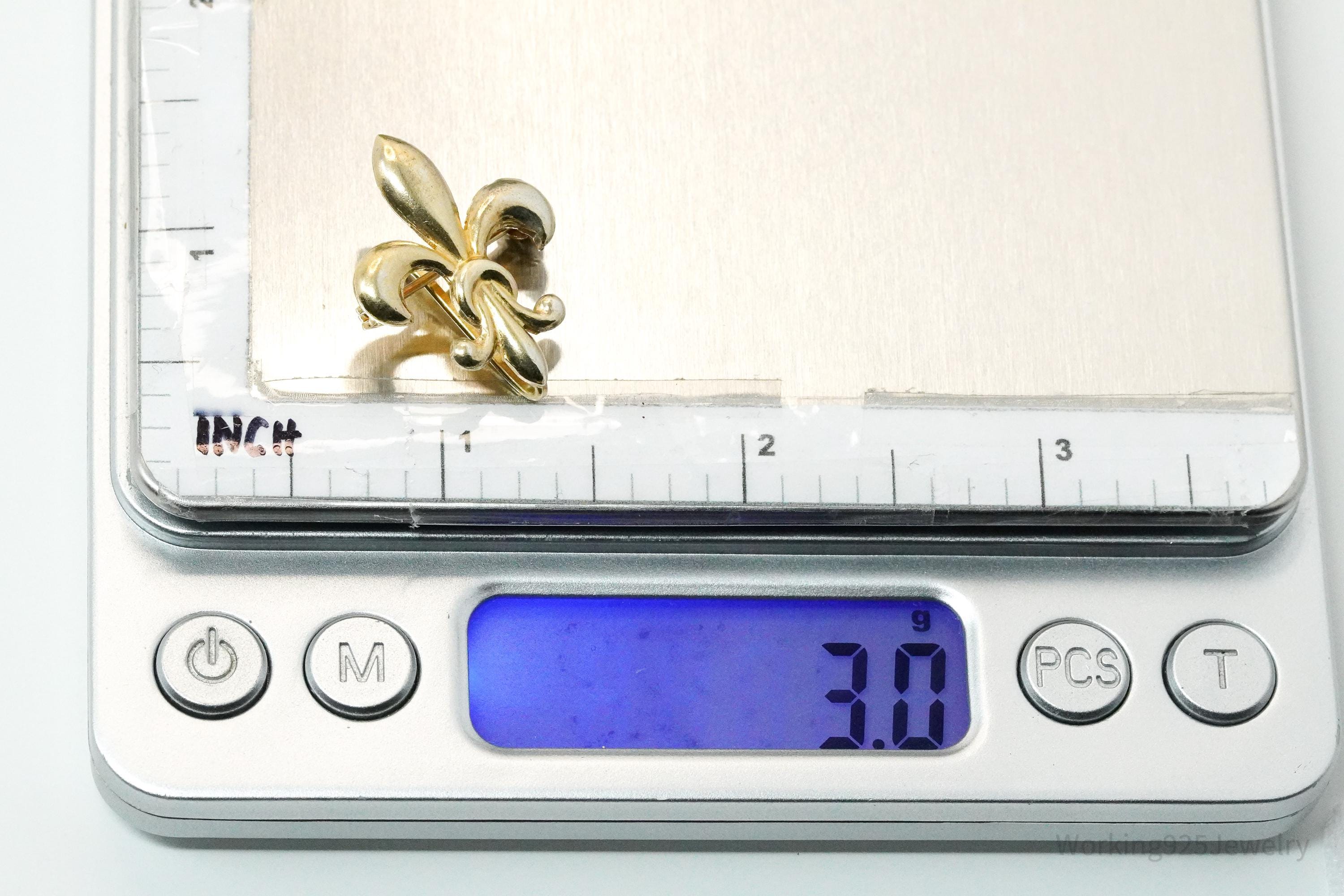 Vintage Fleur De Lis Gold Vermeil Sterling Silver Brooch Pin