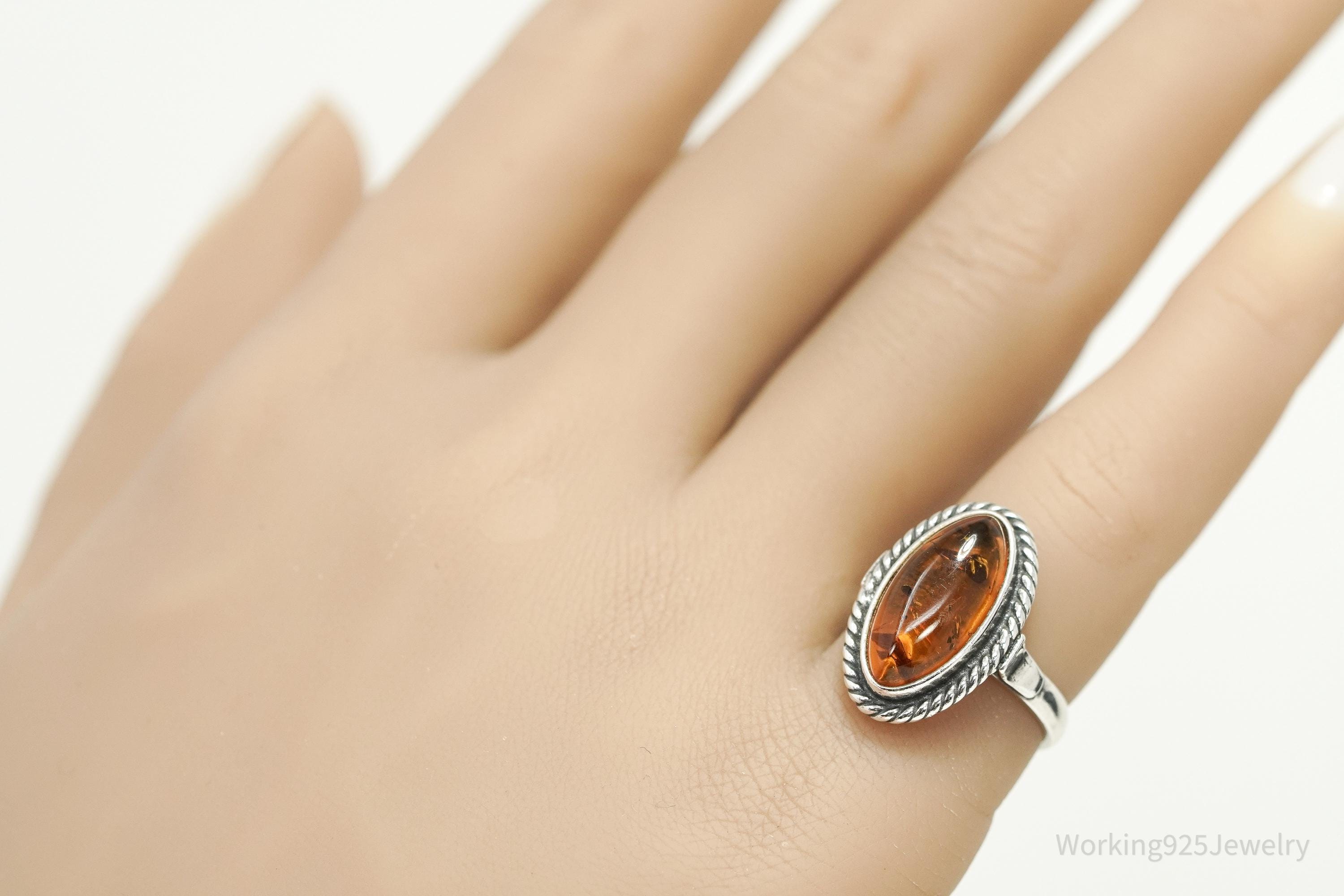 Vintage Amber Sterling Silver Ring - Size 5.75