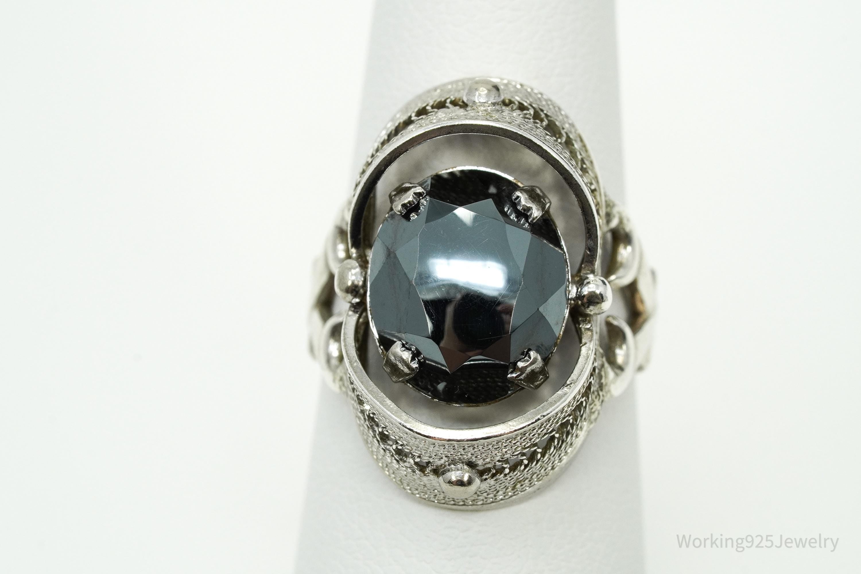 Vintage Hematite Ornate Sterling Silver Ring - Size 5.5