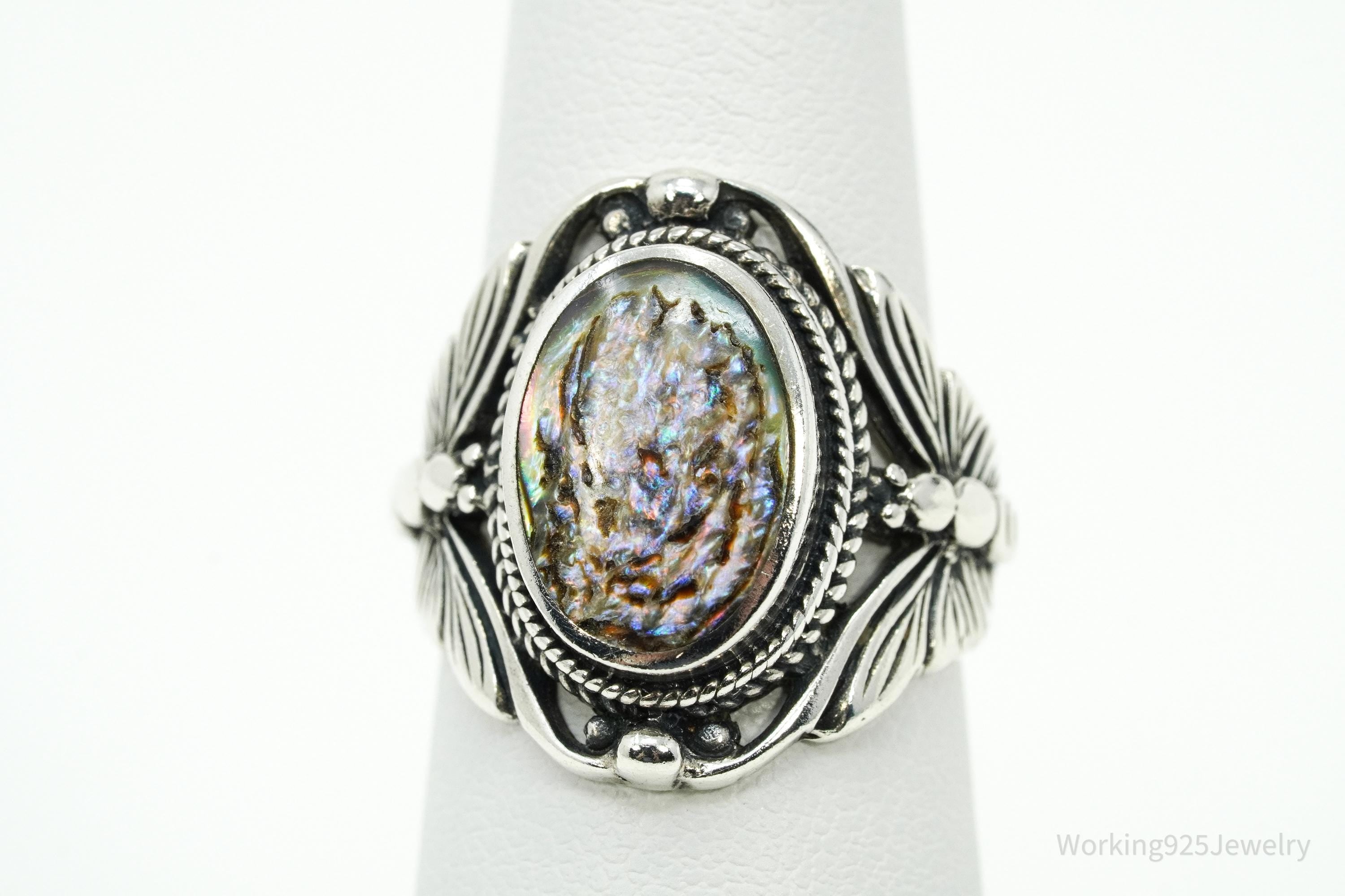 Vintage Paua Abalone Shell Sterling Silver Ring - Size 6.75