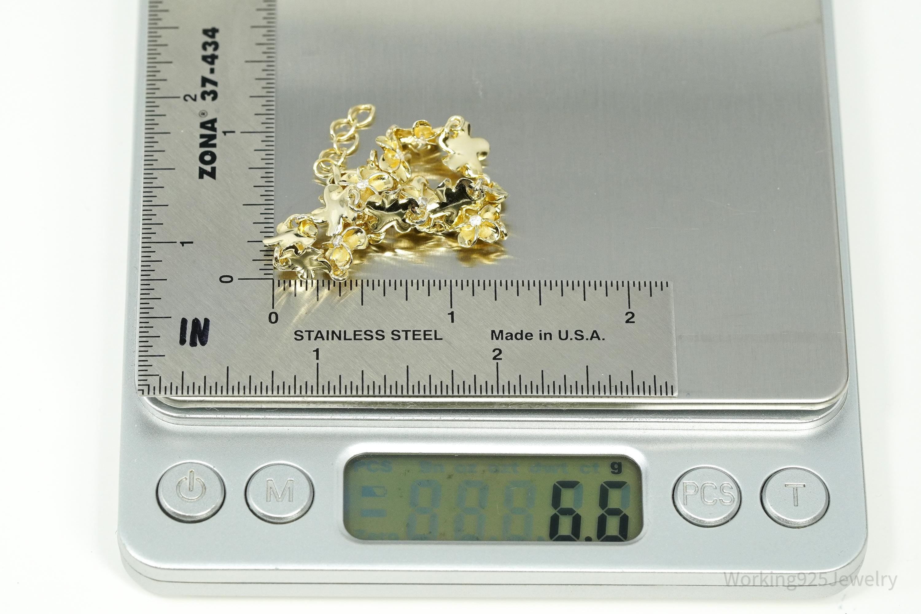 Vintage Cubic Zirconia Gold Vermeil Sterling Silver Flowers Tennis Bracelet 7.75"