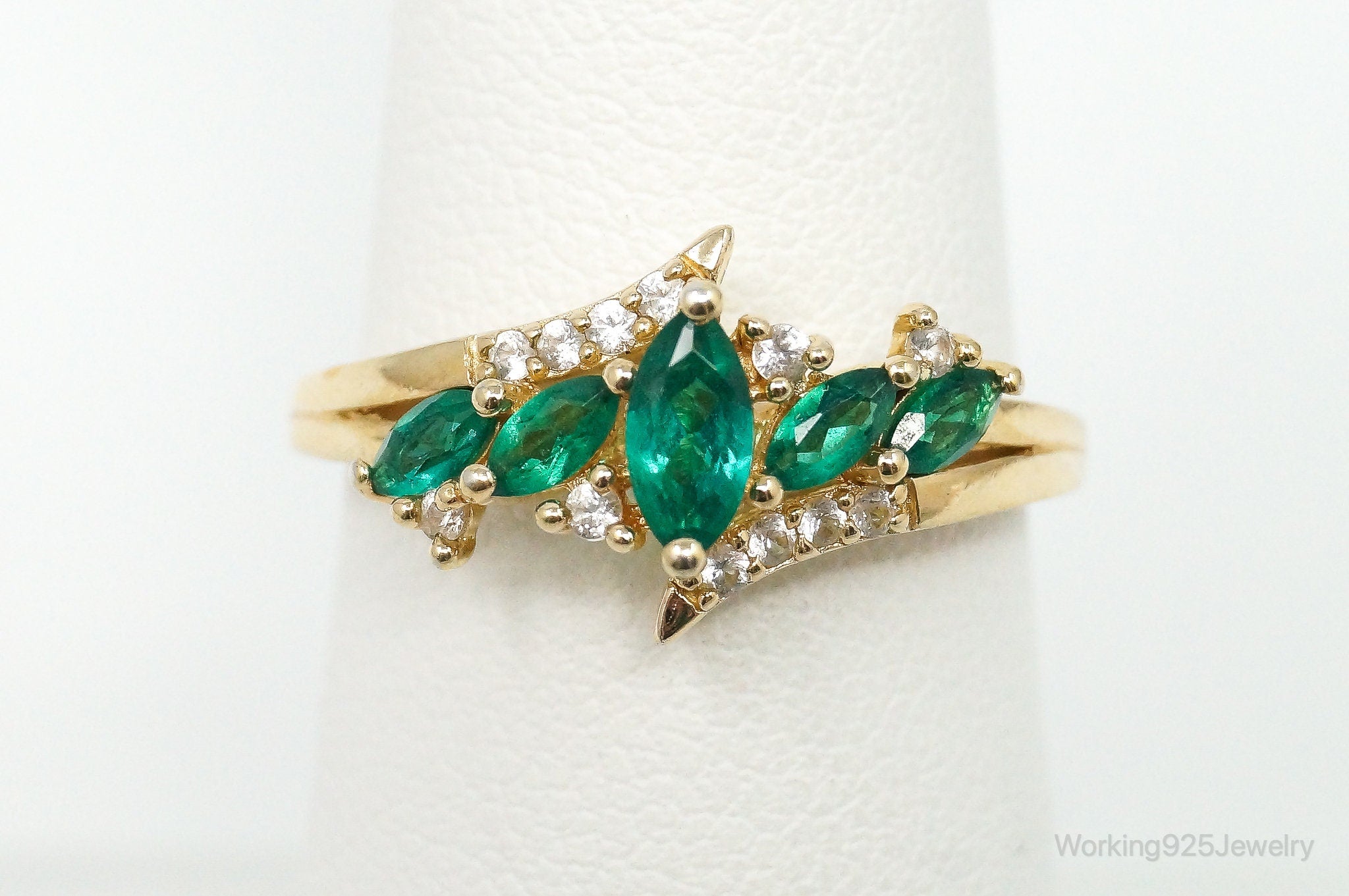 Vintage Lab Emerald Cubic Zirconia Gold Vermeil Sterling Silver Ring Size 7