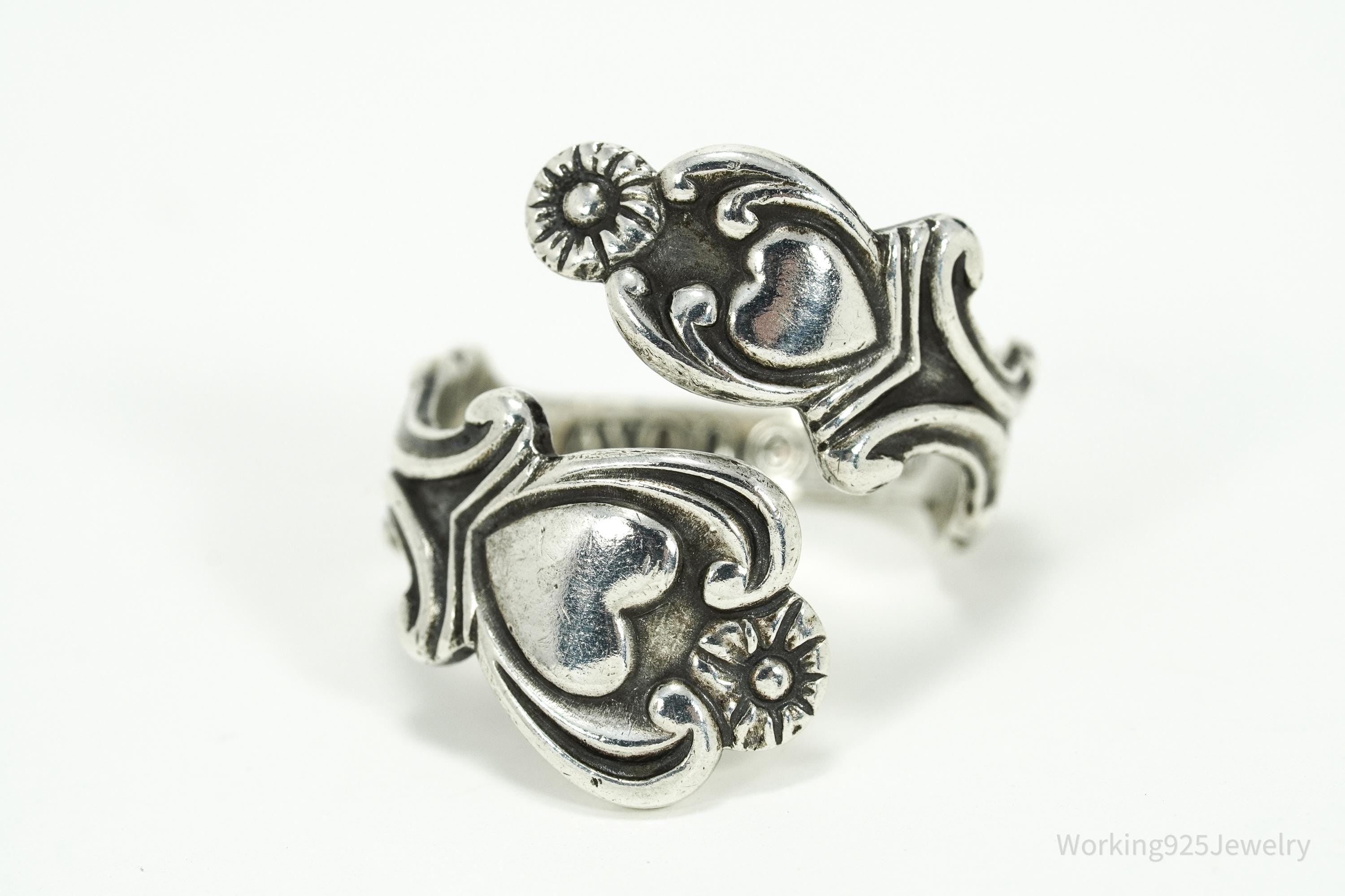 Vintage Avon Hearts & Flowers Sterling Silver Adjustable Wrap Spoon Ring - Size 7.5