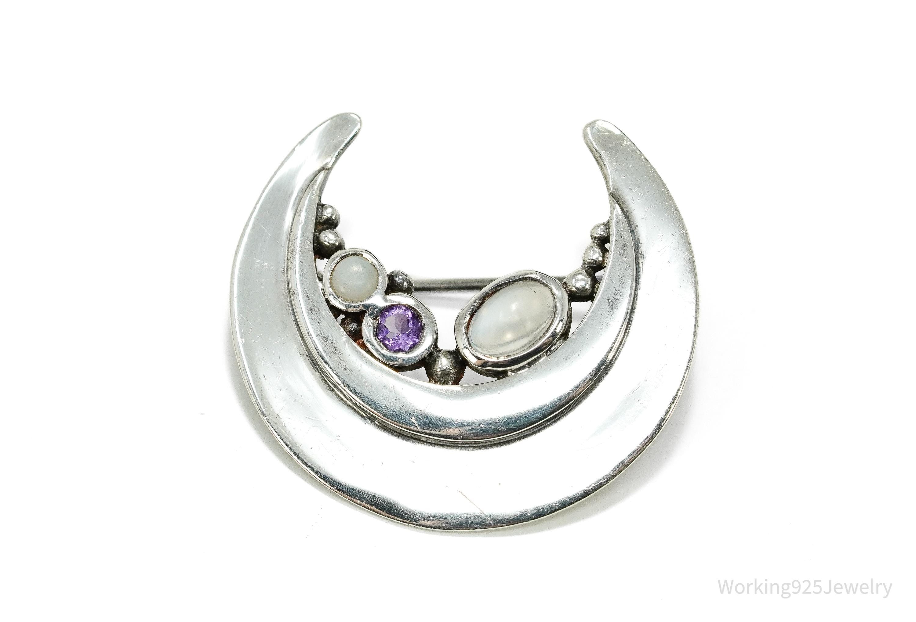 Vintage Amethyst & Moonstone Moon Sterling Silver Brooch Pin