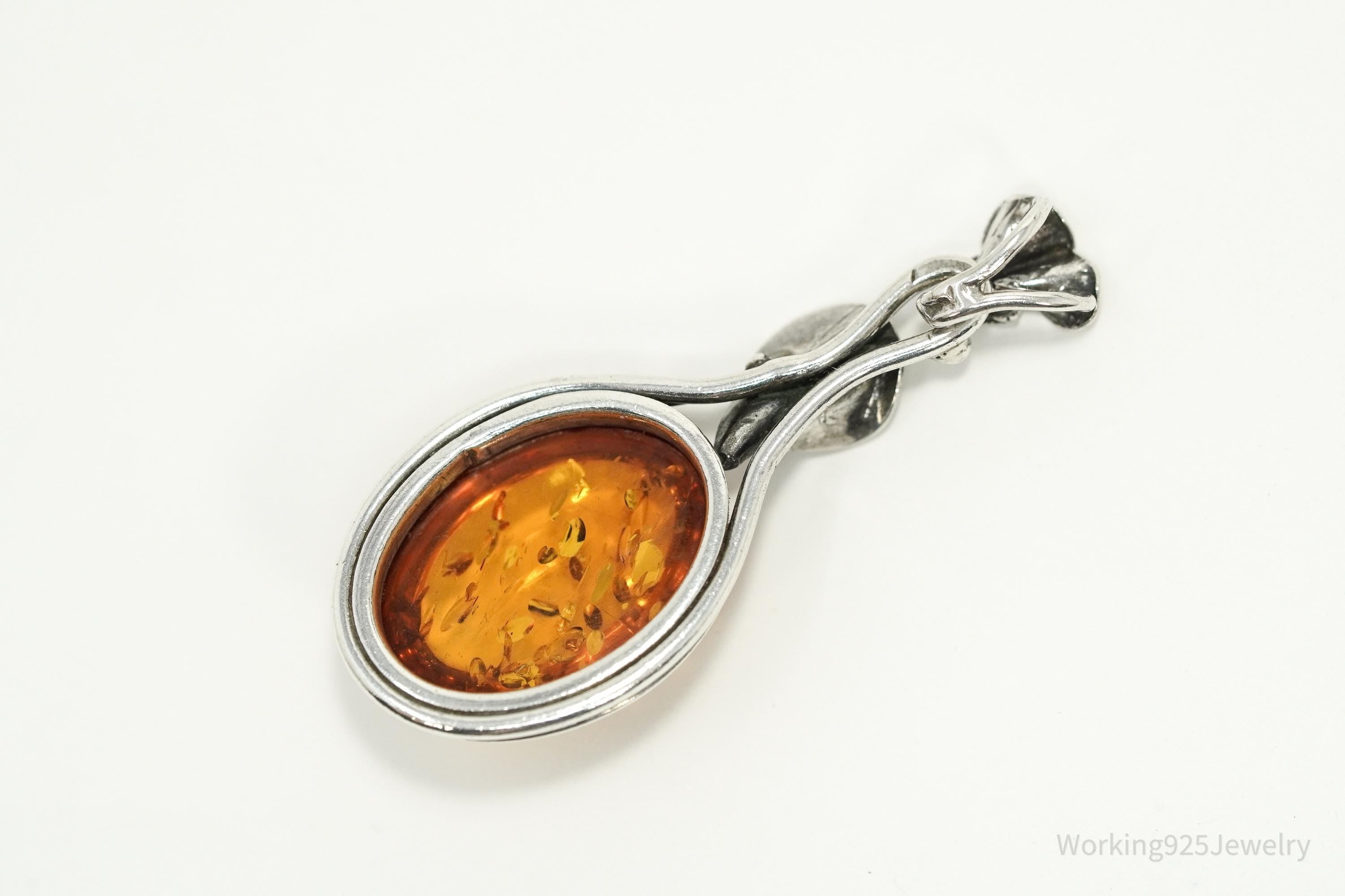 Vintage Sterling Silver Amber Pendant • Oval Cognac Baltic Gemstone Jewelry
