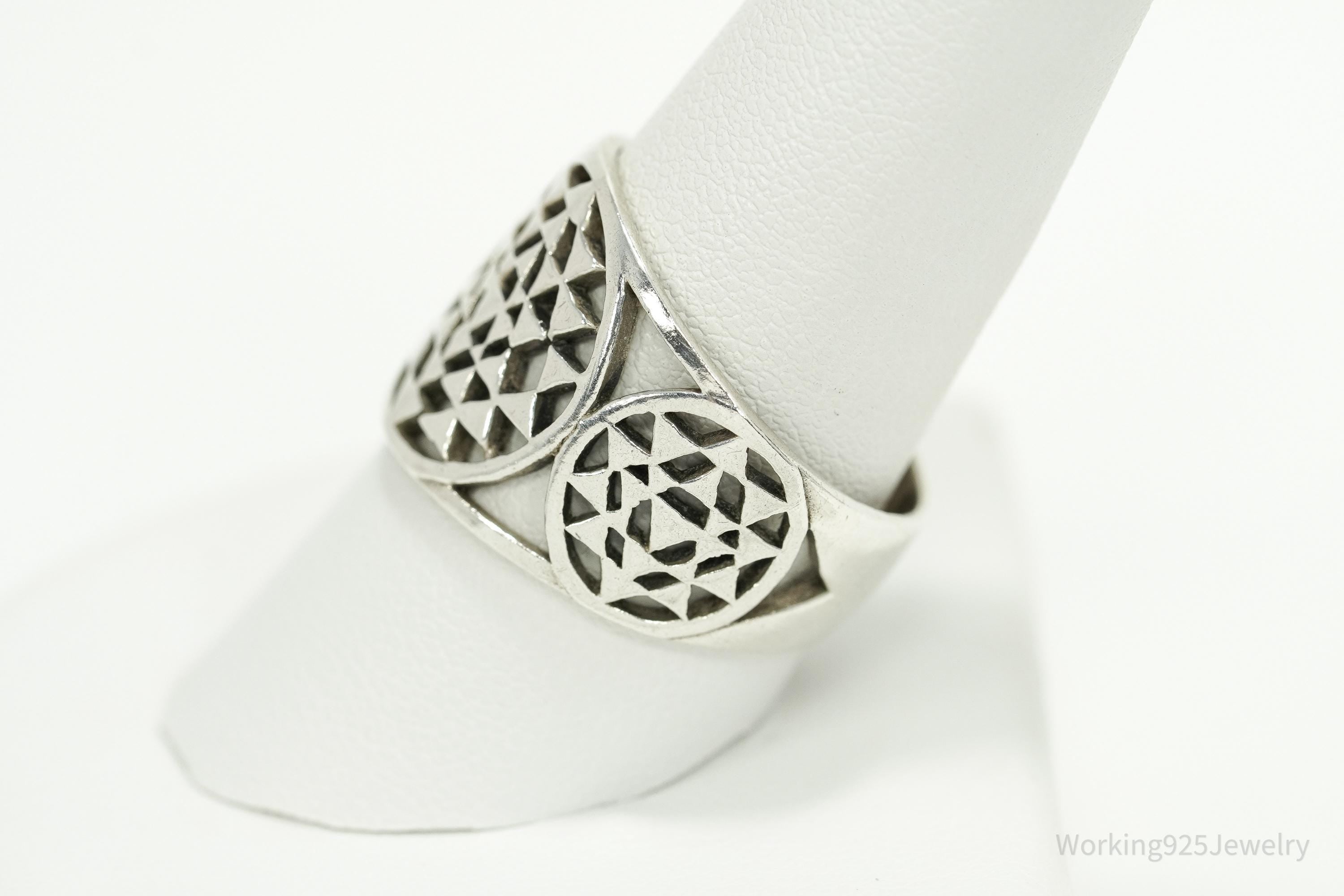 Vintage Sri Yantra Chakra Sterling Silver Wide Band Ring - Size 9.75