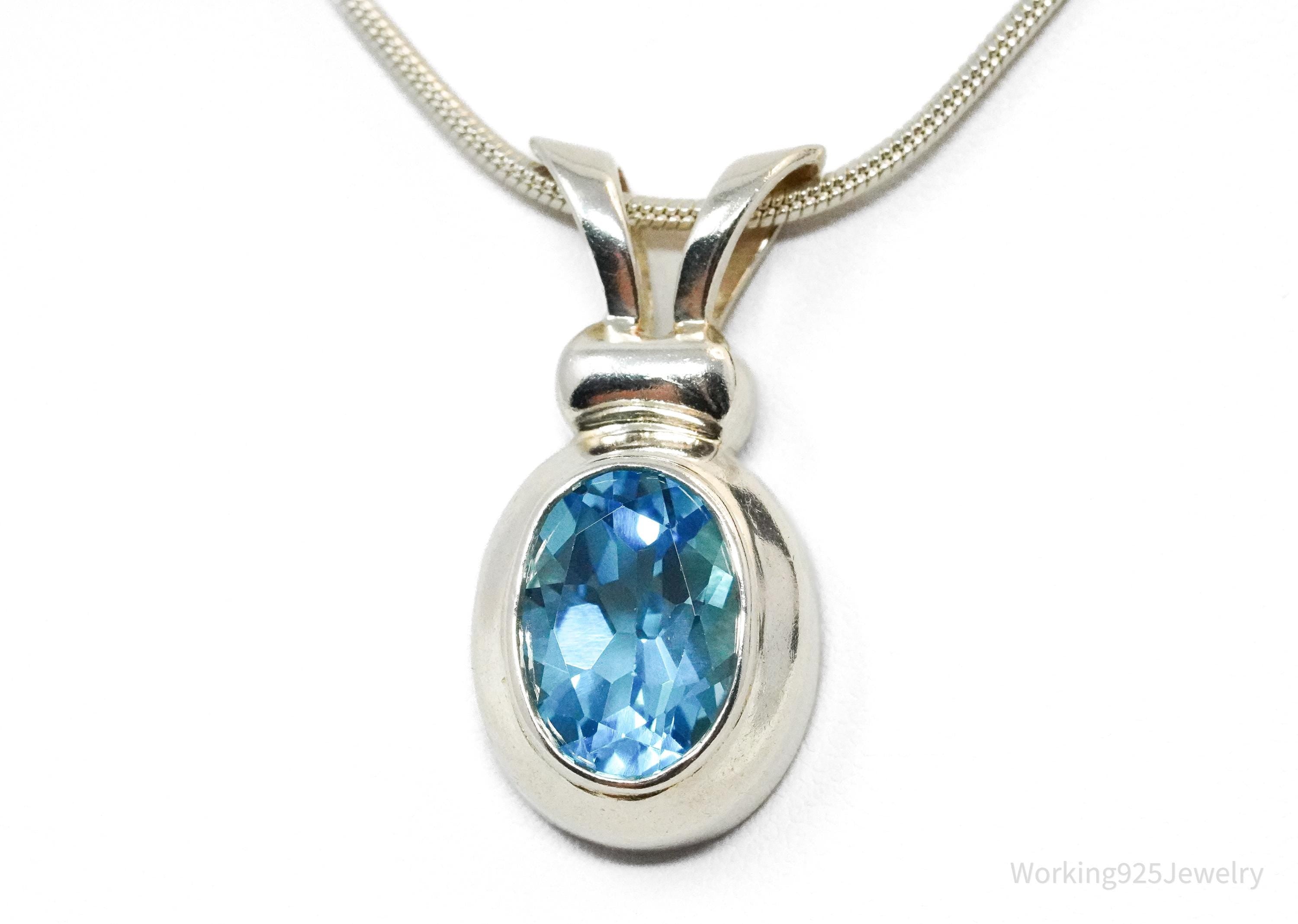 Vintage Large Blue Topaz Sterling Silver Necklace 18"