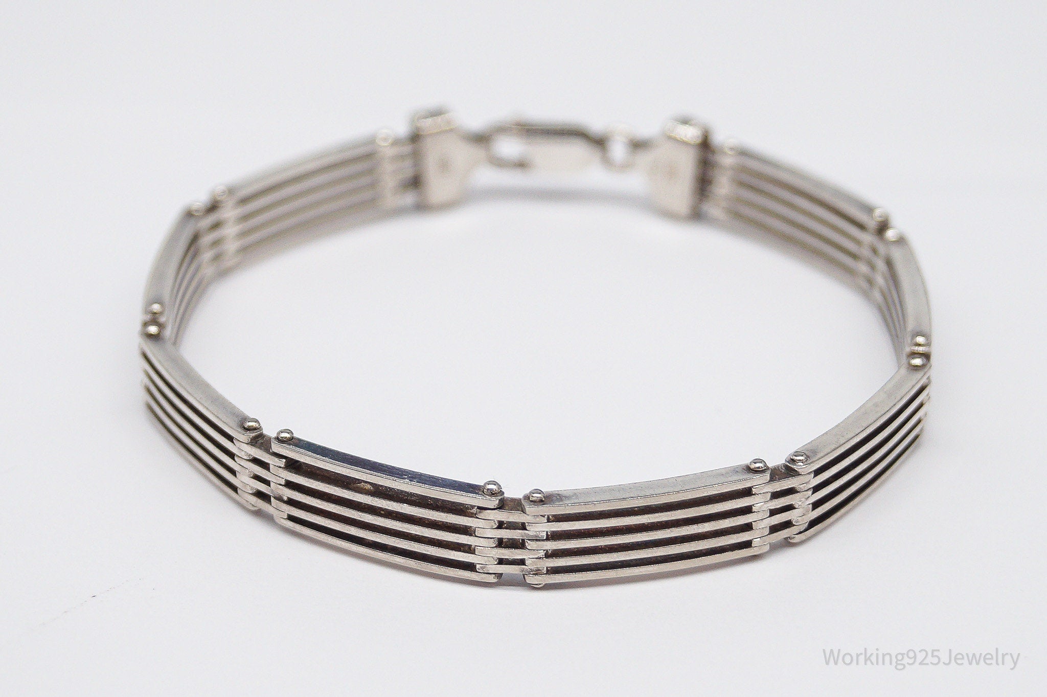 Vintage Italian Sterling Silver Bar Link Hinge Bracelet - 7 3/16"