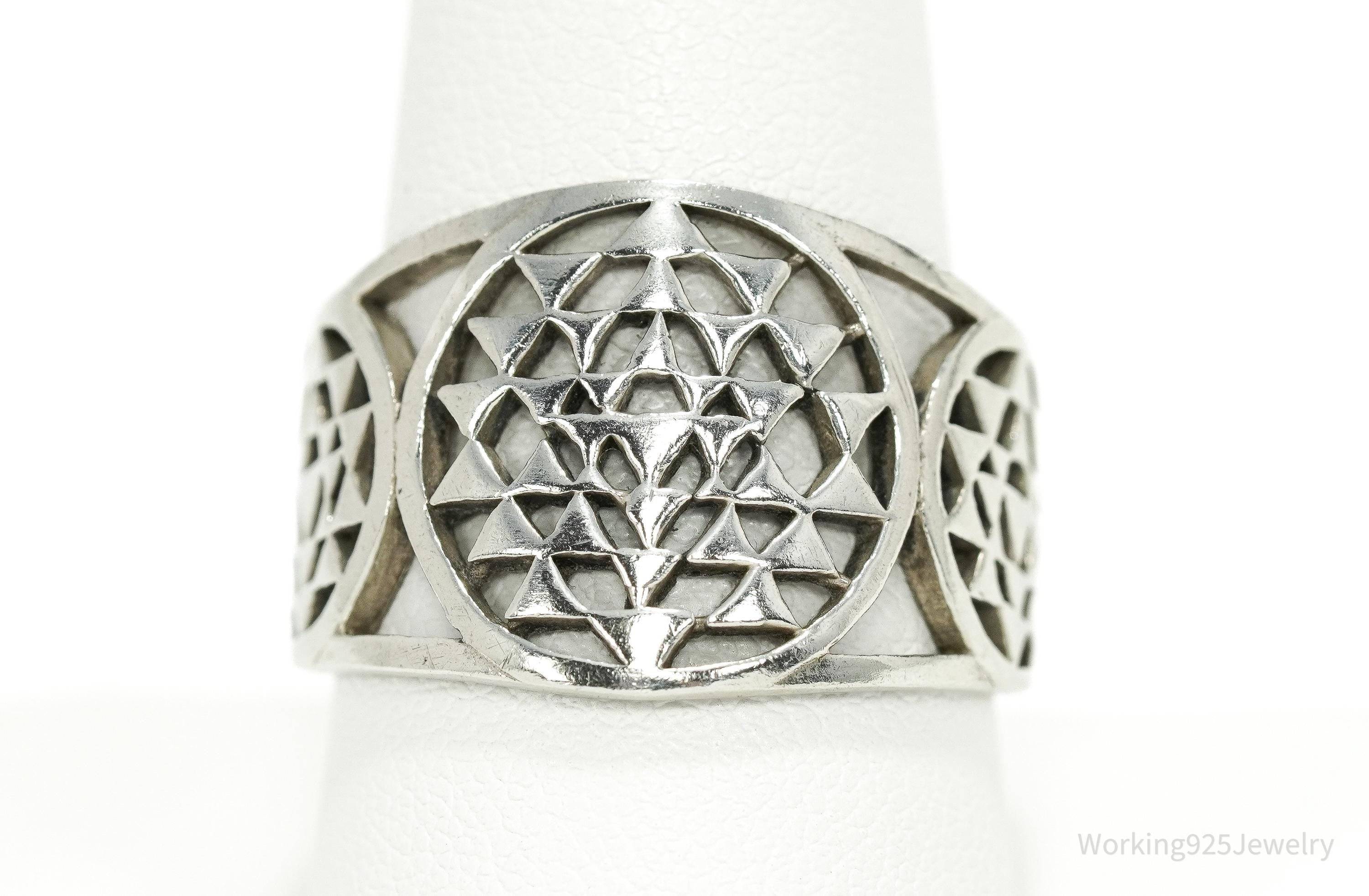 Vintage Sri Yantra Chakra Sterling Silver Wide Band Ring - Size 9.75
