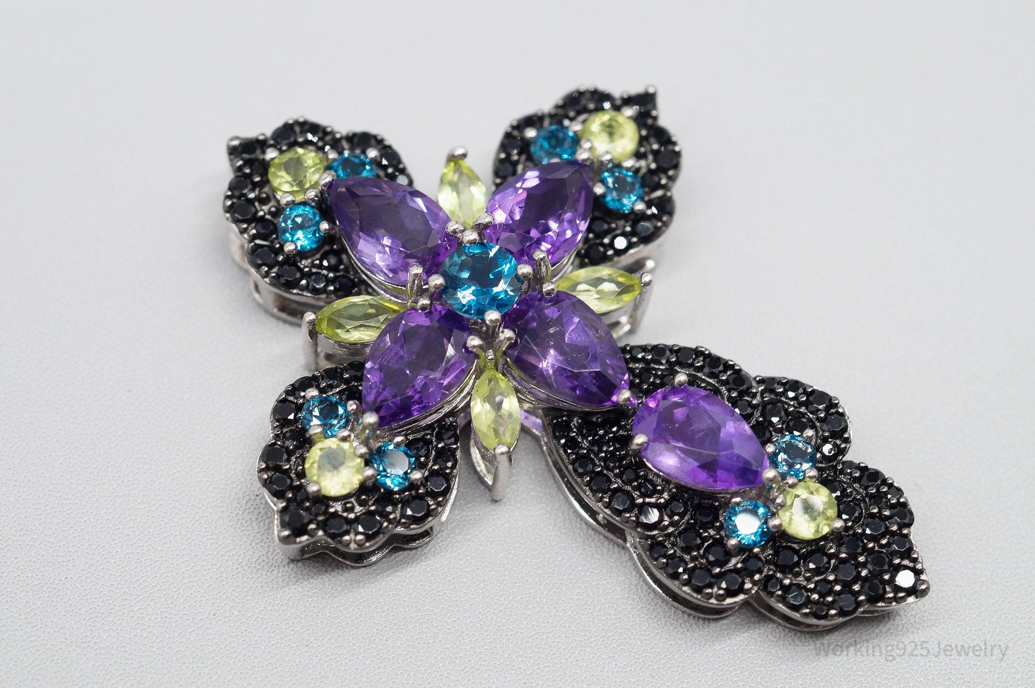 Large JTV DK Multi Gemstone Rhodium Over Sterling Silver Cross Pendant