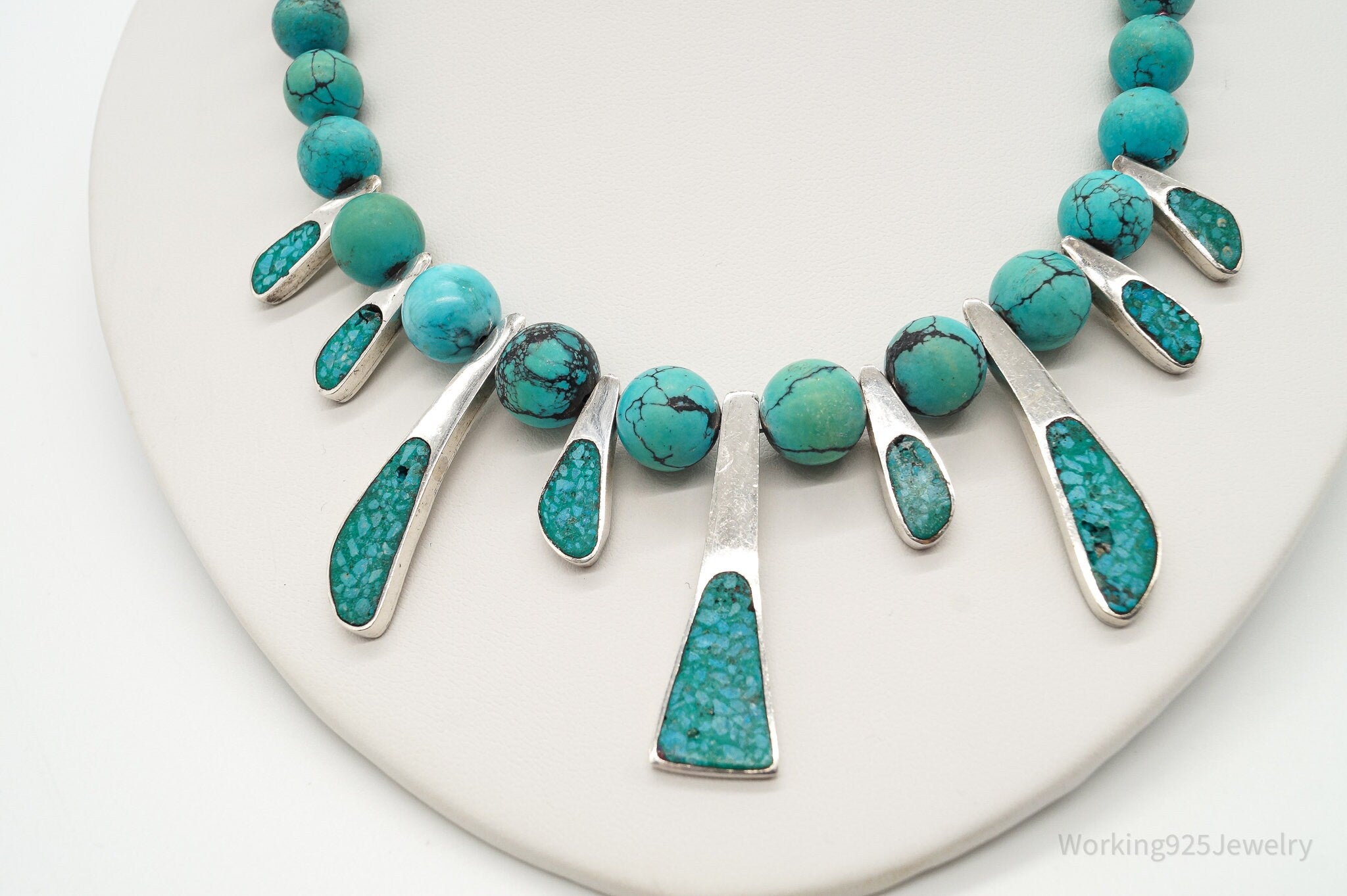 Vintage Mexico Turquoise Modernist Sterling Silver Necklace