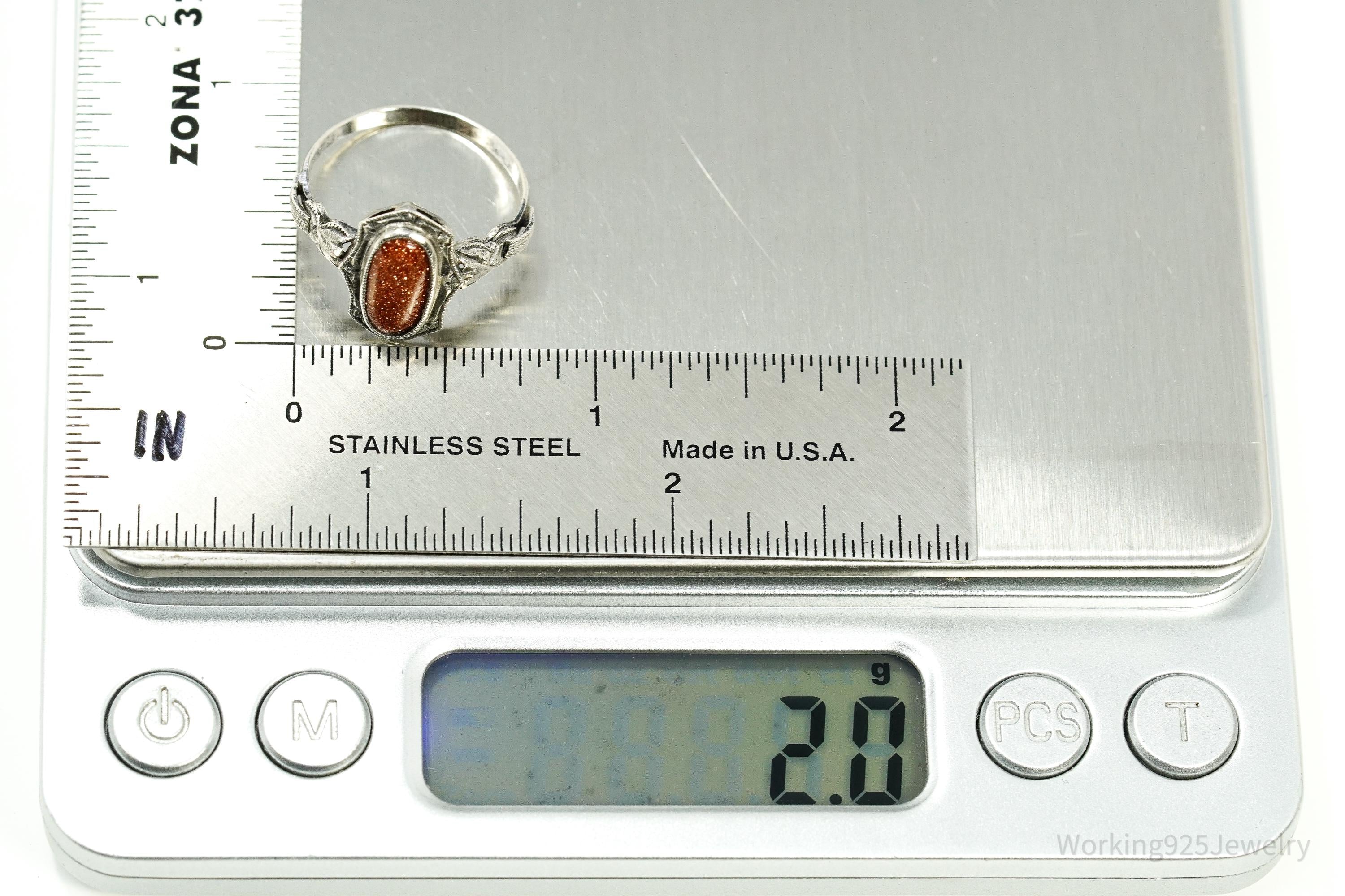 Antique Goldstone Ornate Silver Ring Size 8