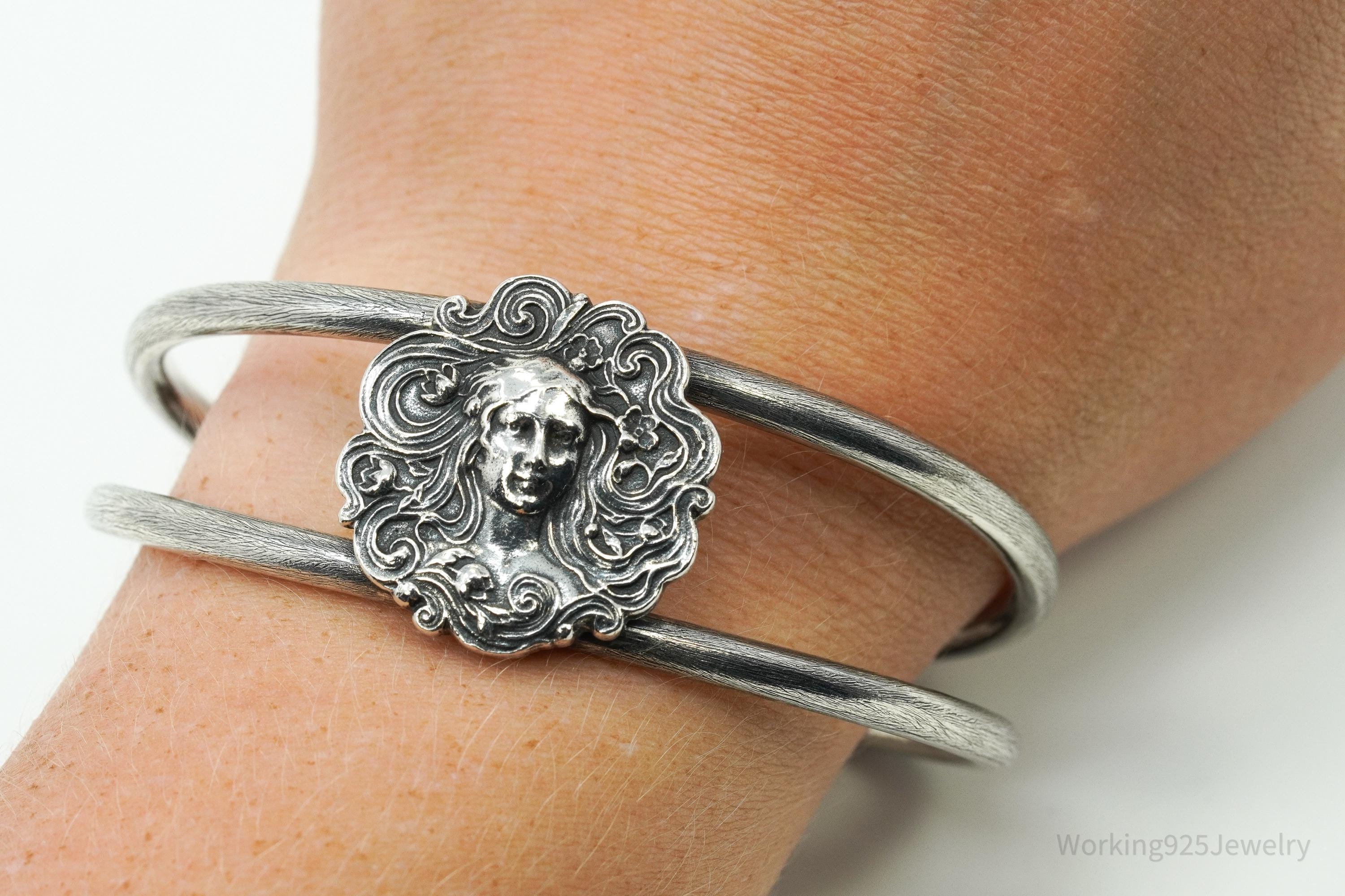 Vintage Art Nouveau Style Sterling Silver Cuff Bracelet 7.5"