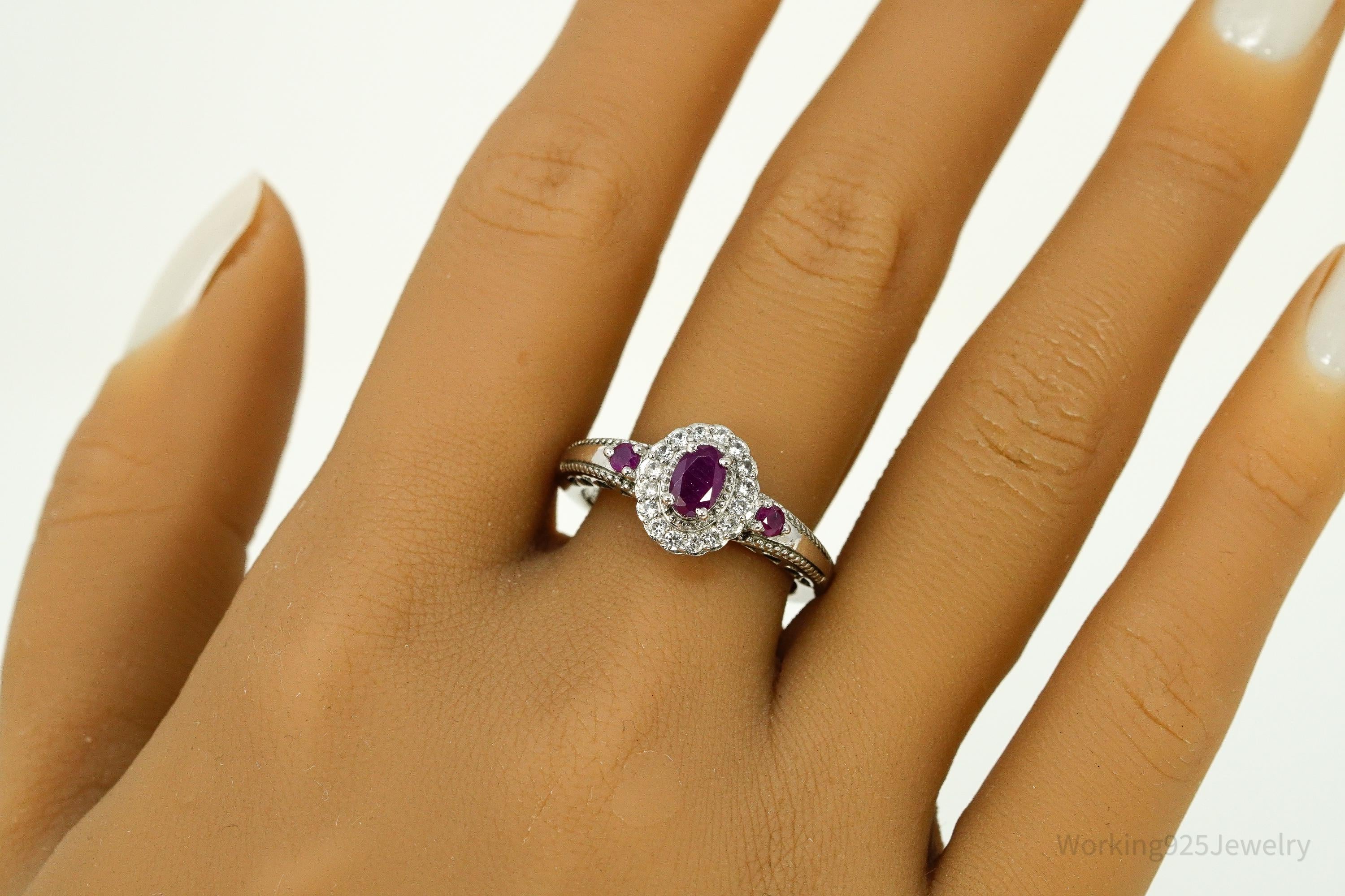 Ruby & White Zircon Sterling Silver Ring - Size 8.75