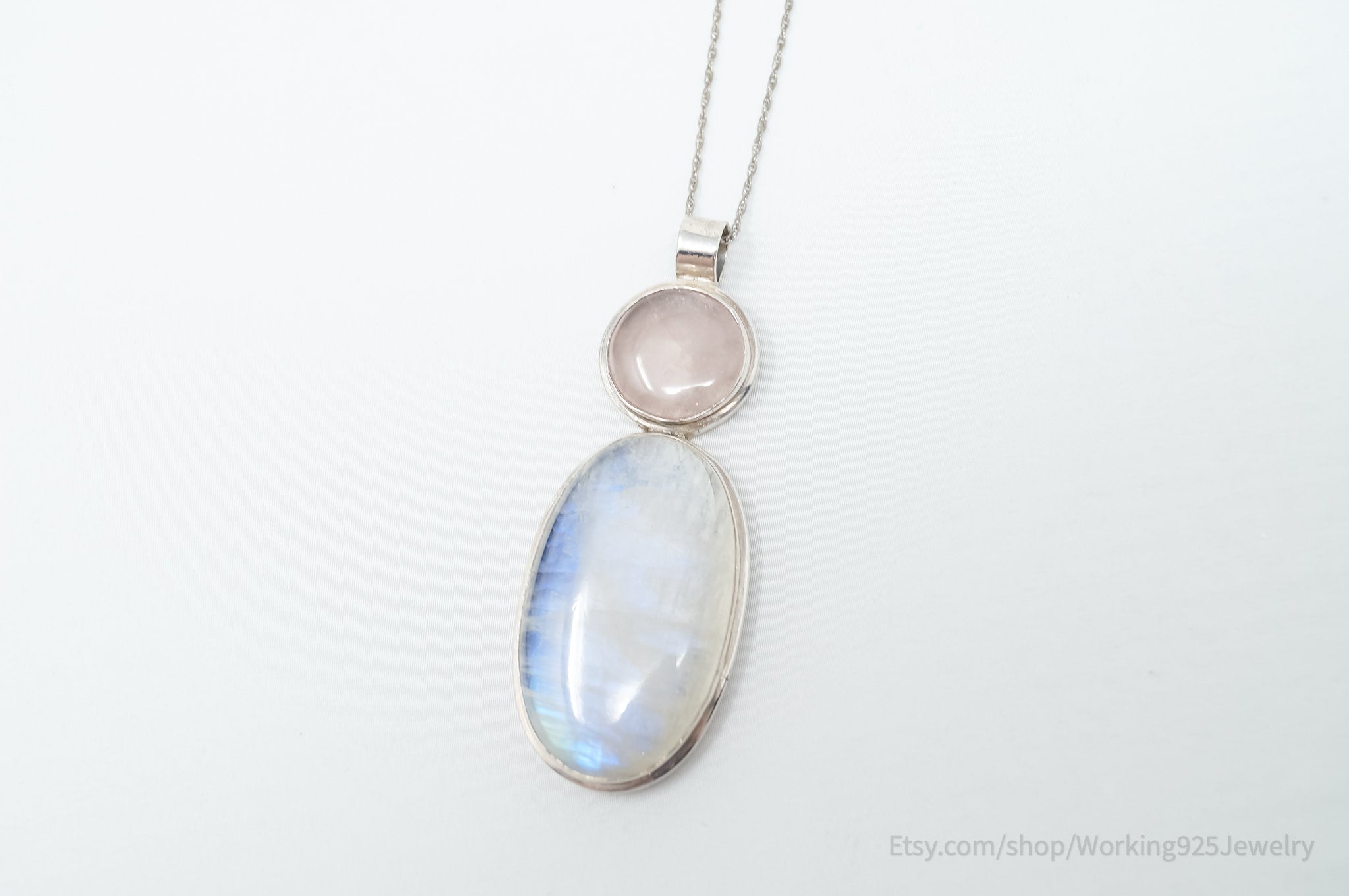 Vintage Large Moonstone Rose Quartz Sterling Silver Southwestern Necklace