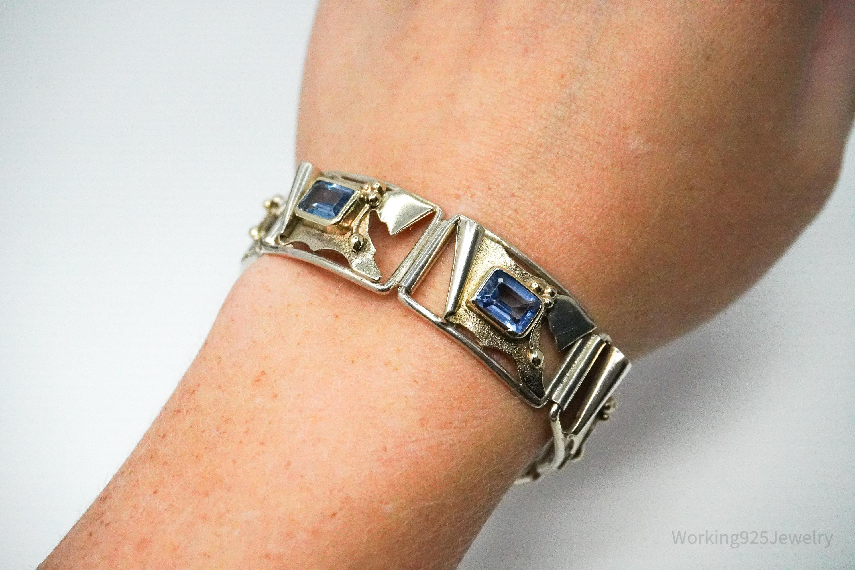 Vintage Blue Topaz Modernist Style Sterling Silver Bracelet - 6.75"