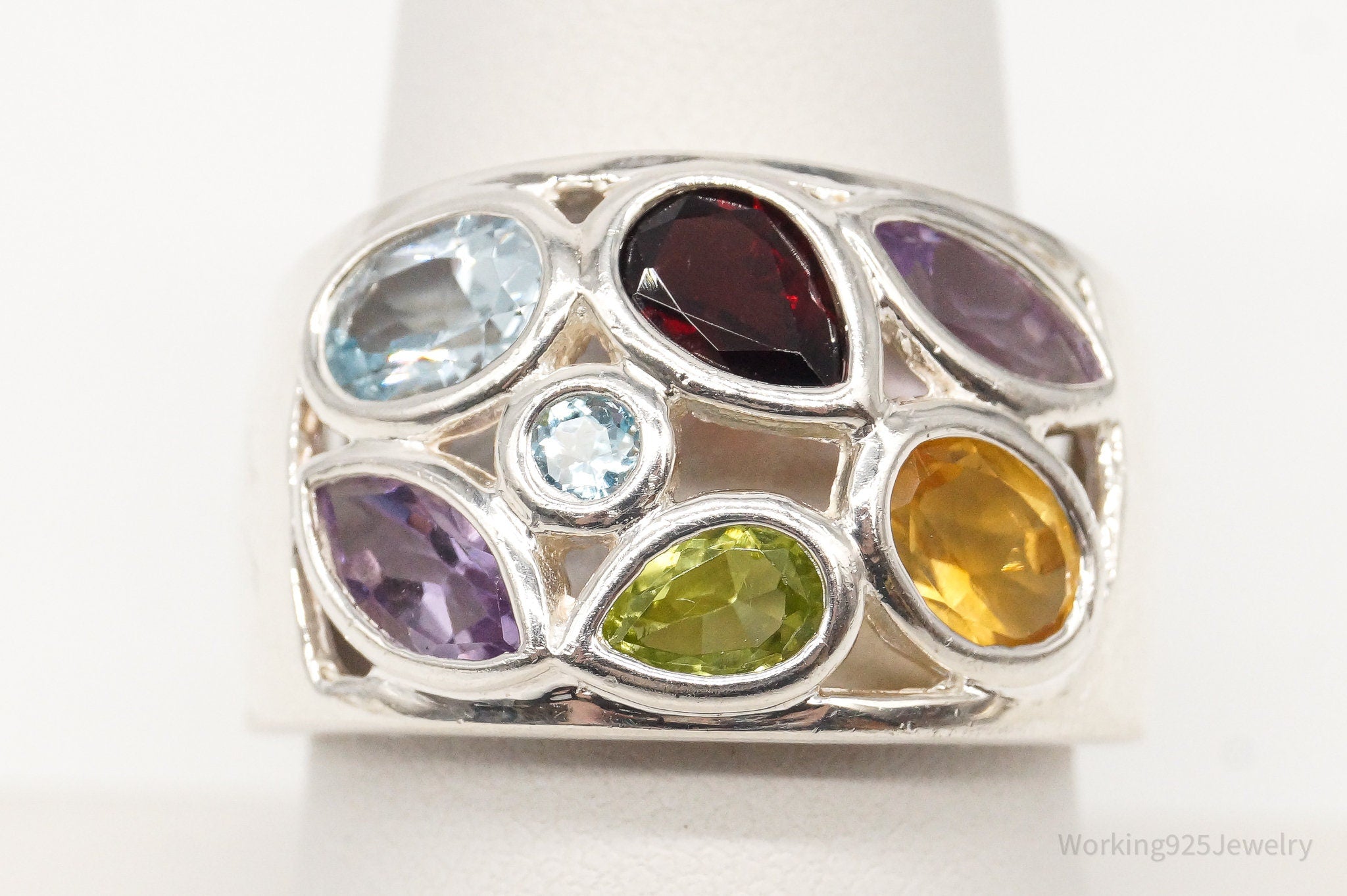 Vintage Multiple Gemstone Rainbow Sterling Silver Ring - Size 8.75