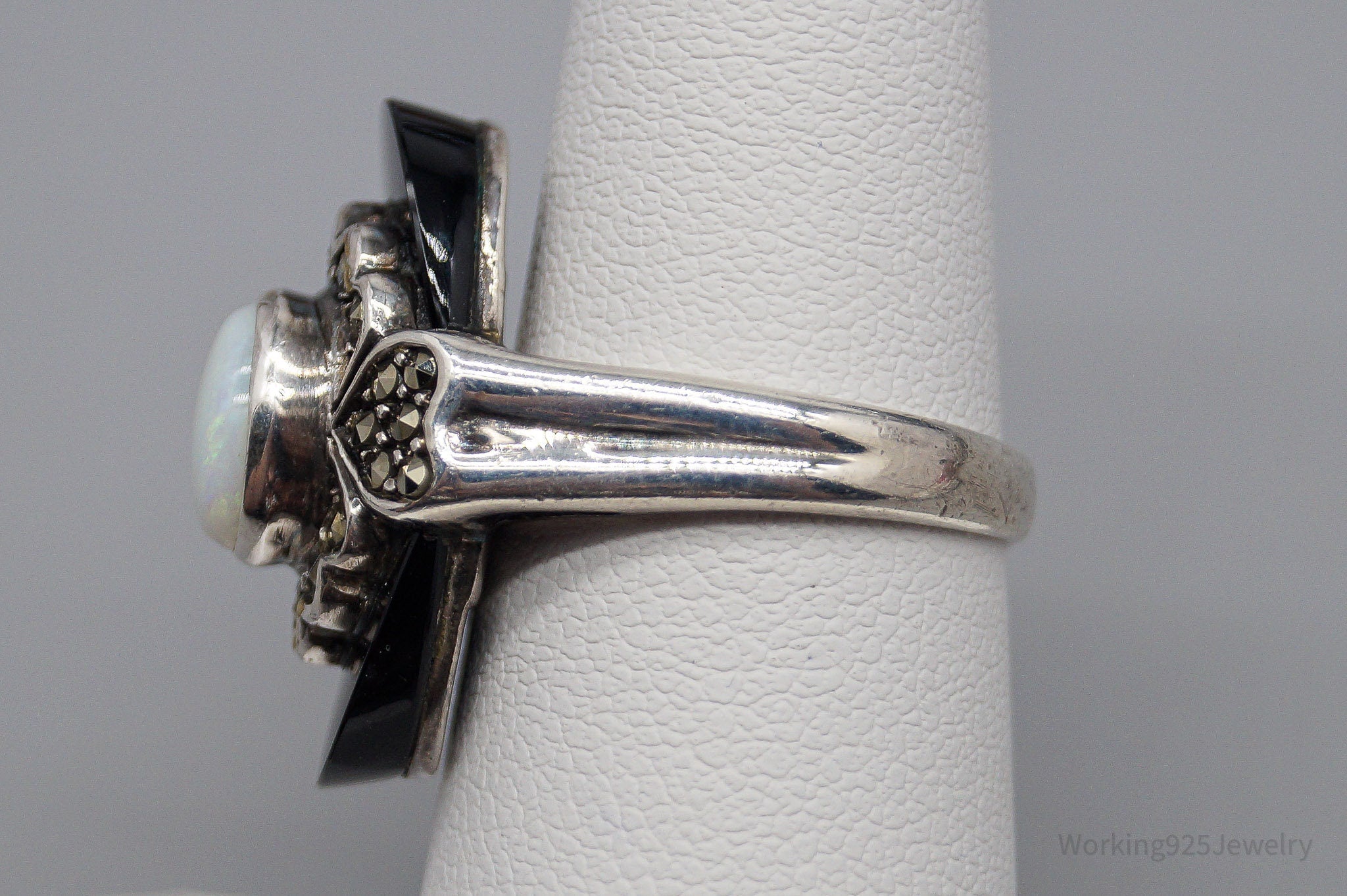 VTG Chapal-Zenray Opal Black Onyx Marcasite Sterling Silver Ring Size 6