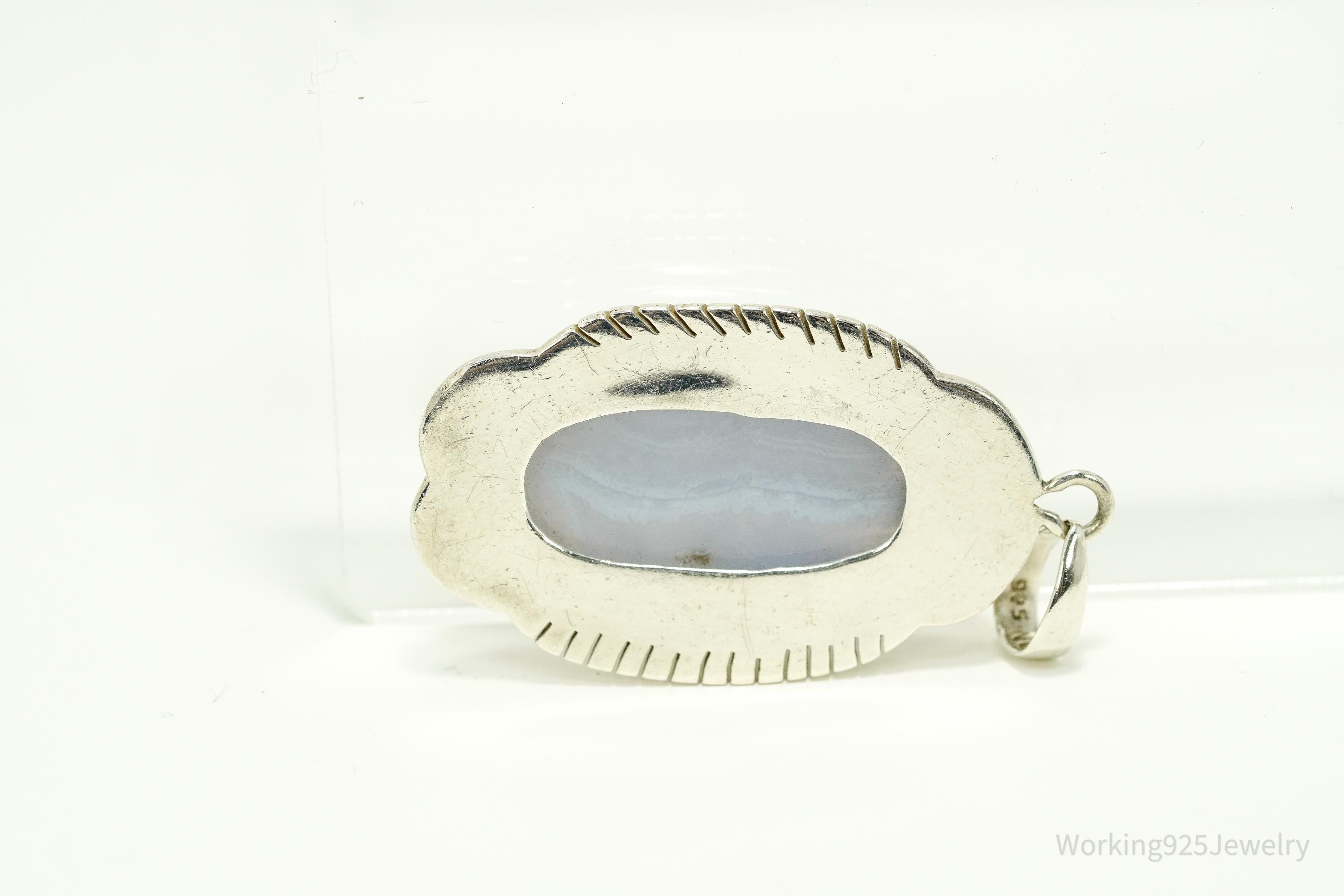 Large Vintage Blue Lace Agate Sterling Silver Pendant