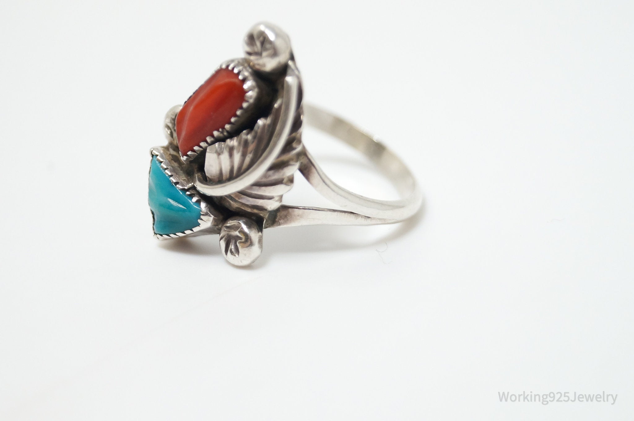 Vtg Native American Turquoise Coral Sterling Silver Ring - Sz 7.5