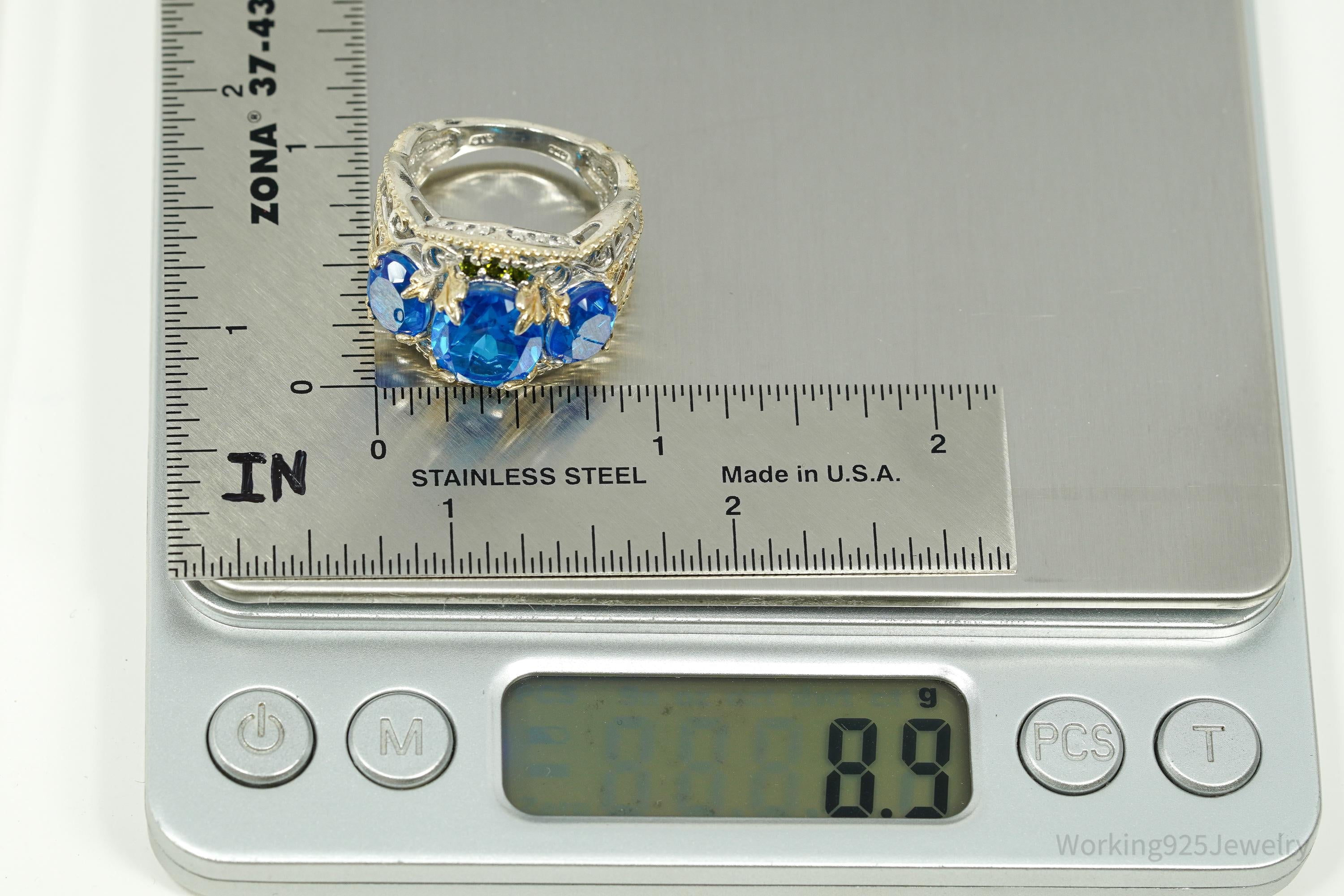 Vintage Chuck Clemency Blue Topaz & Peridot Gold Vermeil Sterling Silver Ring - Size 9.25