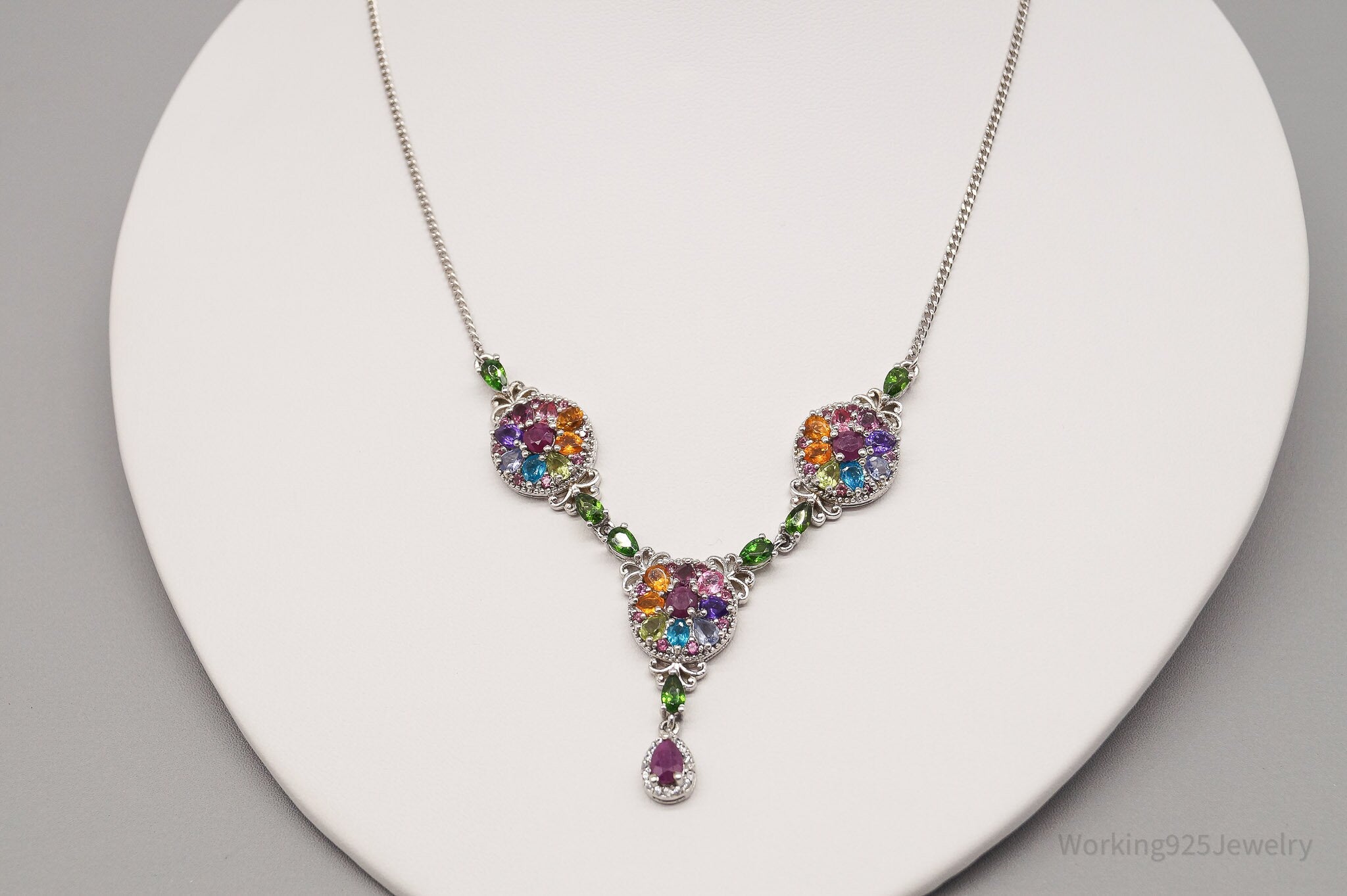 Multi Gemstone Sterling Silver Statement Necklace 18"