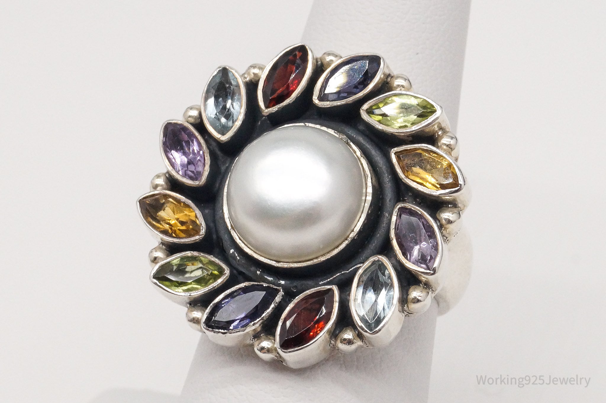 Vintage Multi Gemstone Flower Sterling Silver Ring - Size 7.25