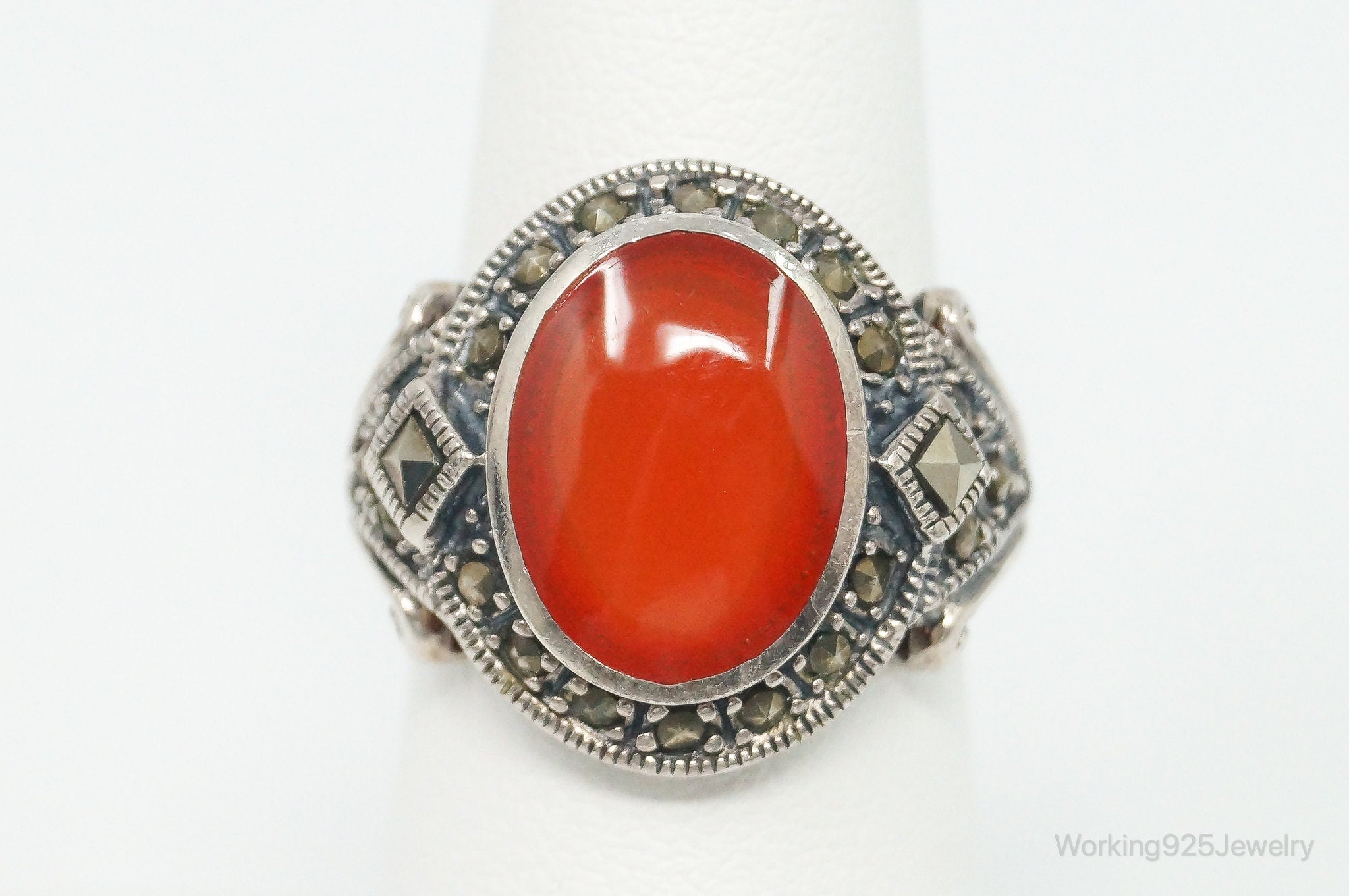 Vintage Marcasite Red Enamel Sterling Silver Ring - Size 6.75