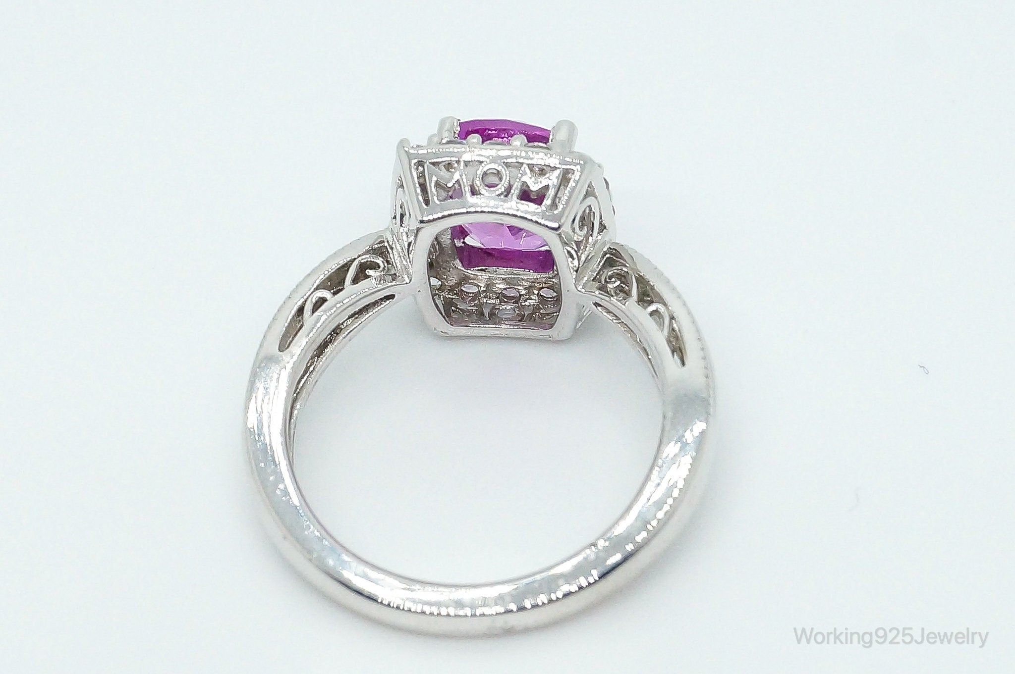 Fuchsia Tourmaline Cubic Zirconia "Mom" Sterling Silver Ring - Size 6.75