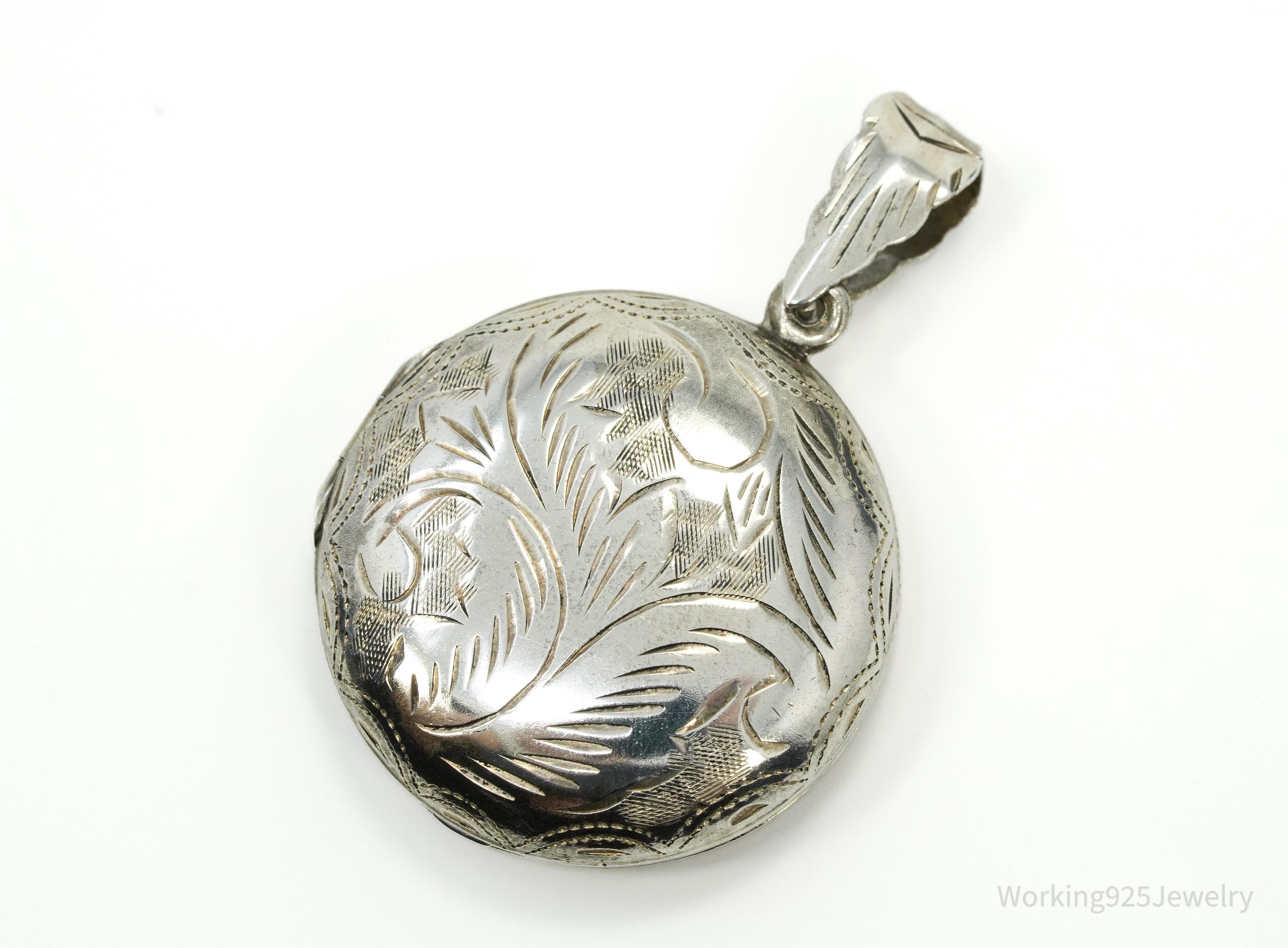 Vintage Round Etched Locket Sterling Silver Charm Pendant