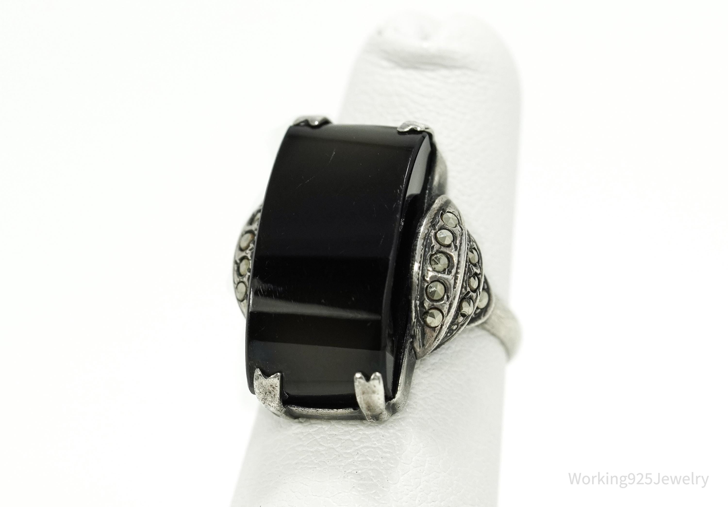 Antique Art Deco Black Onyx & Marcasite Sterling Silver Ring - Size 4.5