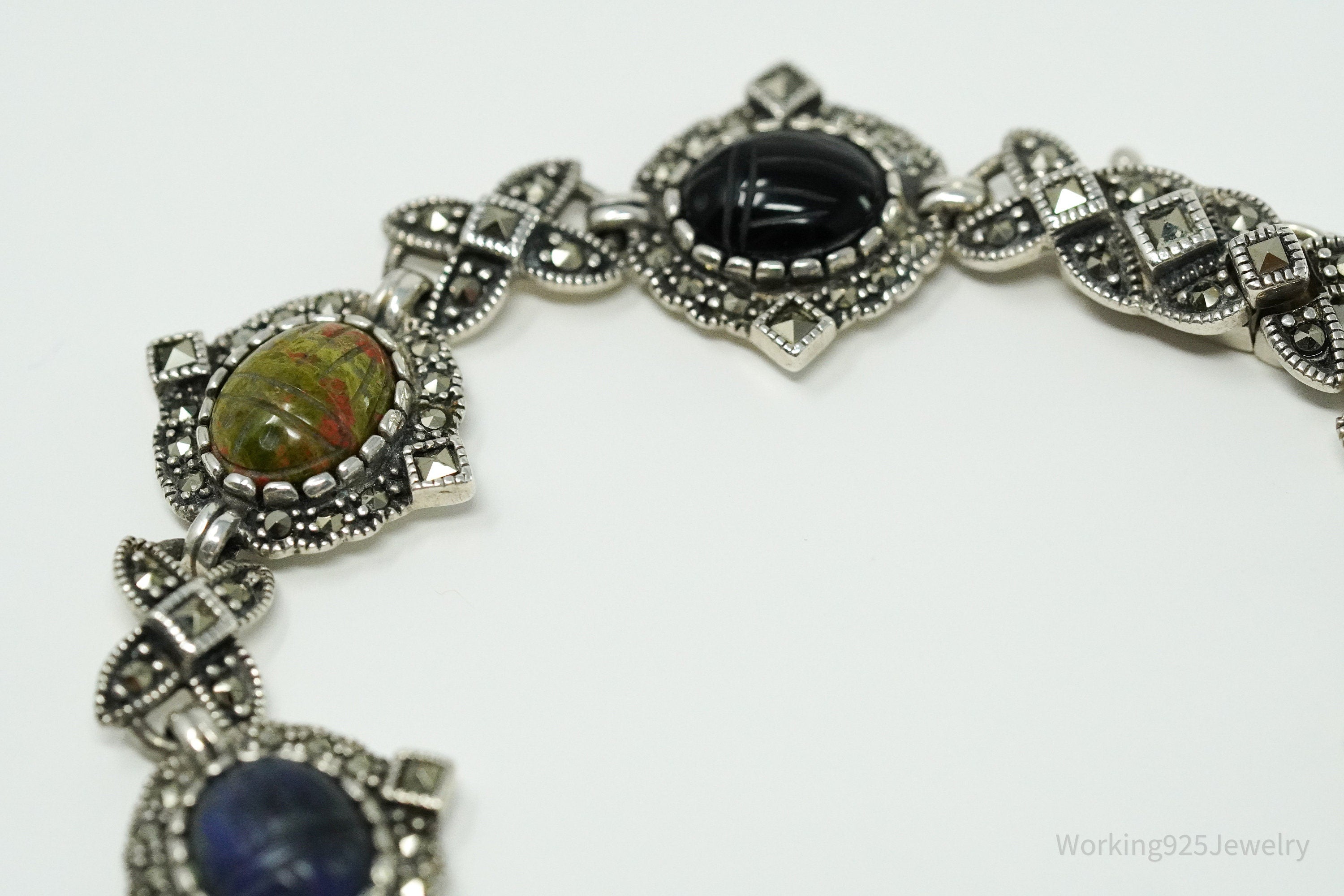 Vintage Carved Scarab Multiple Gemstone Sterling Silver Bracelet 7.5"