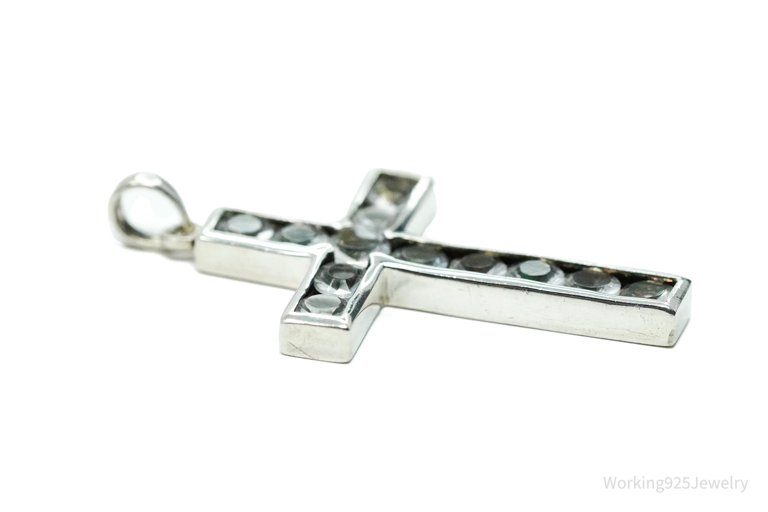 Vintage Crystal Cross Sterling Silver Necklace Pendant