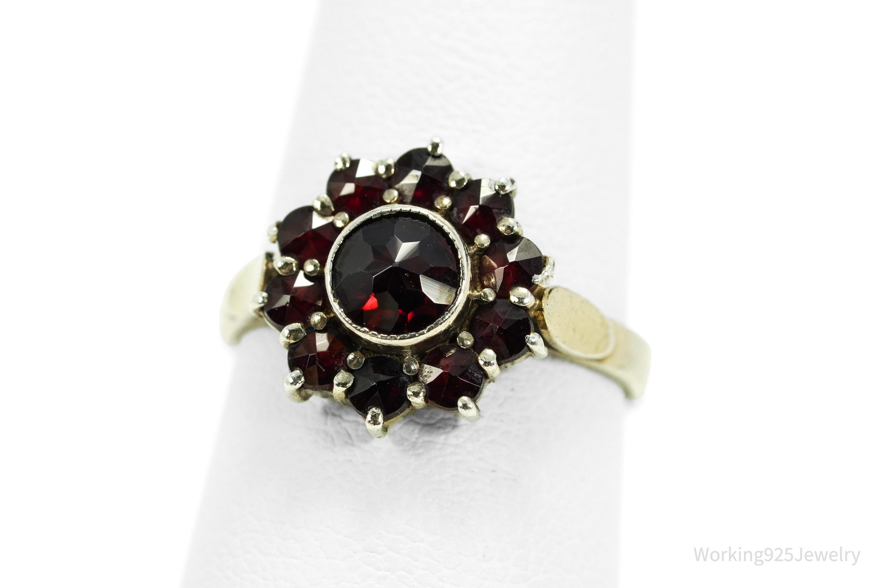Antique Bohemian Garnet Flower Gold Wash Silver Ring - Size 5.5