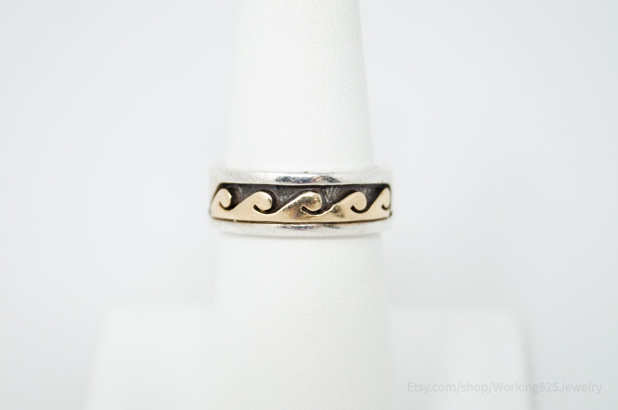 Vtg Native American S Skeets 14K Gold Storyteller Sterling Silver Ring - Size 6