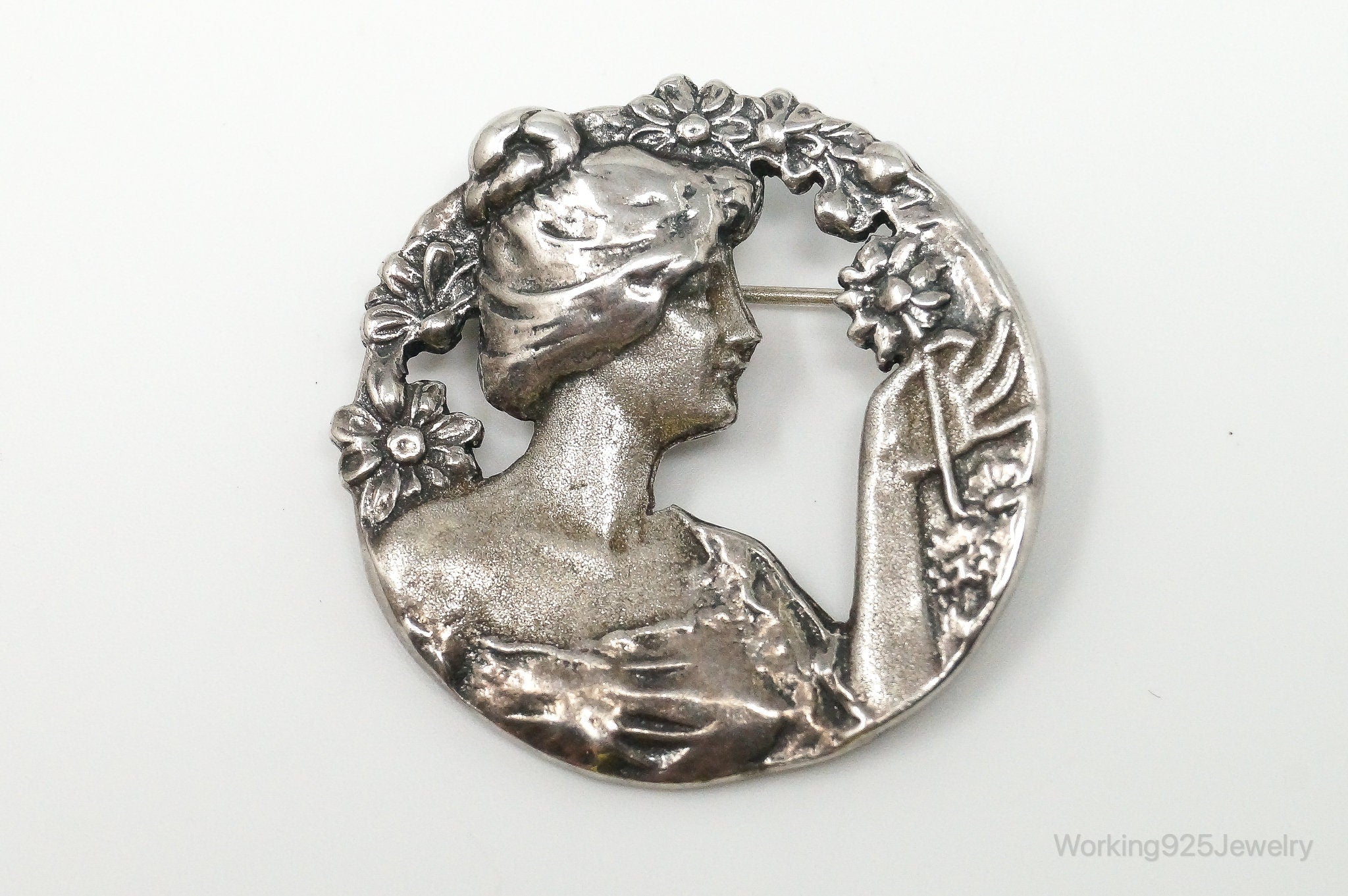 Vintage Large Cut Out Art Nouveau Woman Cameo Sterling Silver Pendant Pin