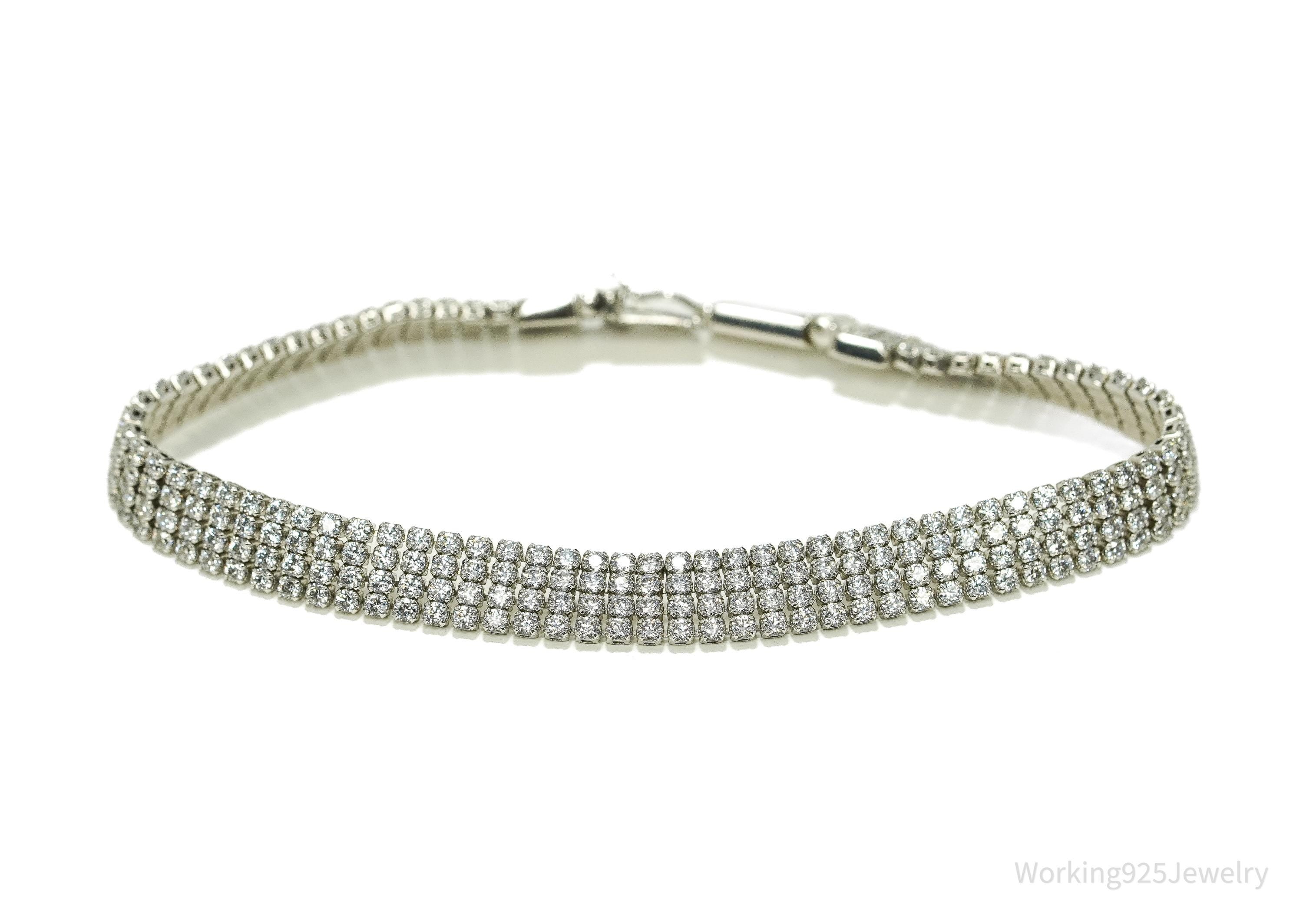 Vintage Cubic Zirconia Sterling Silver Mesh Style Bracelet - 7 1/8"