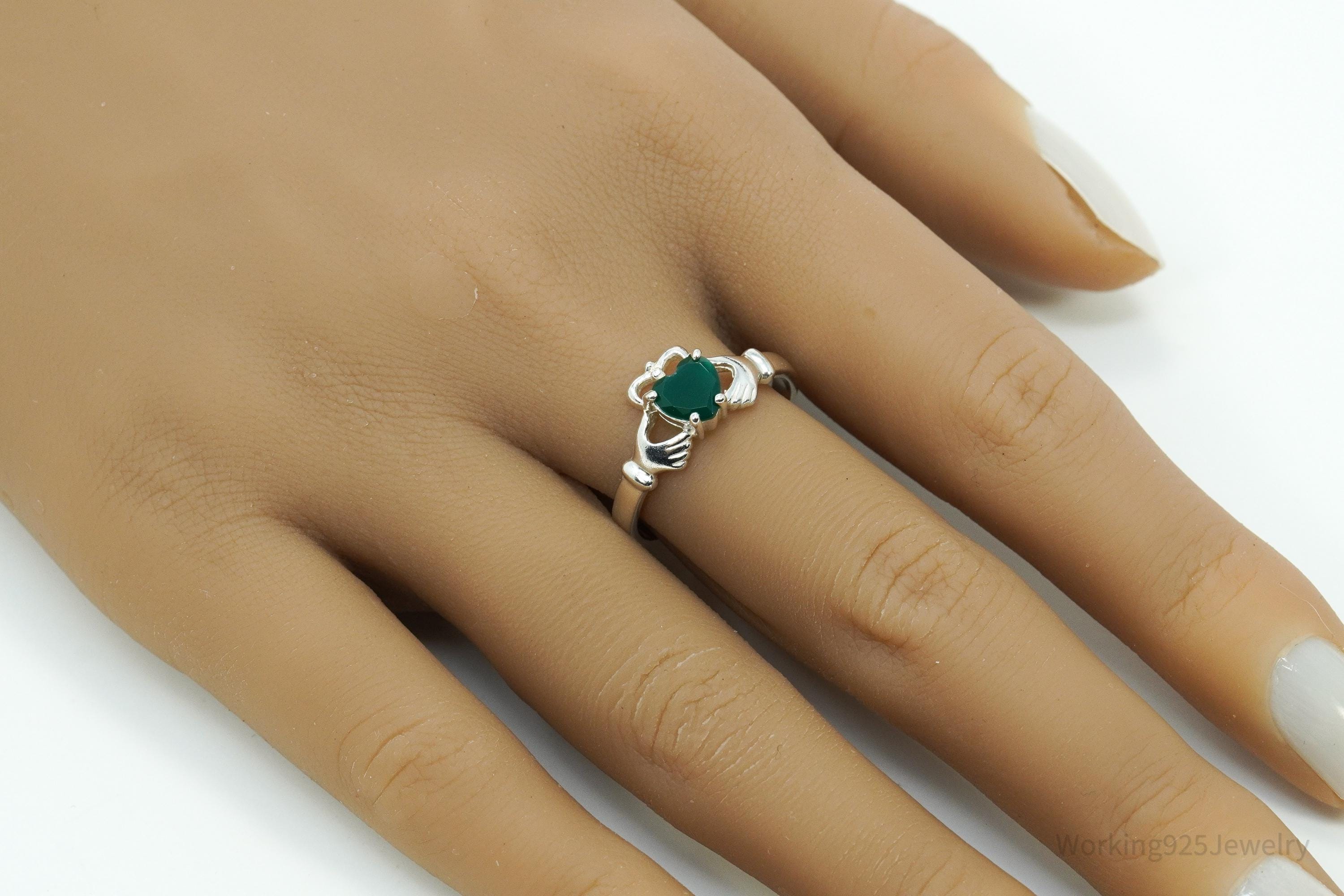 Vintage Green Onyx Heart Claddagh Sterling Silver Ring - Size 9