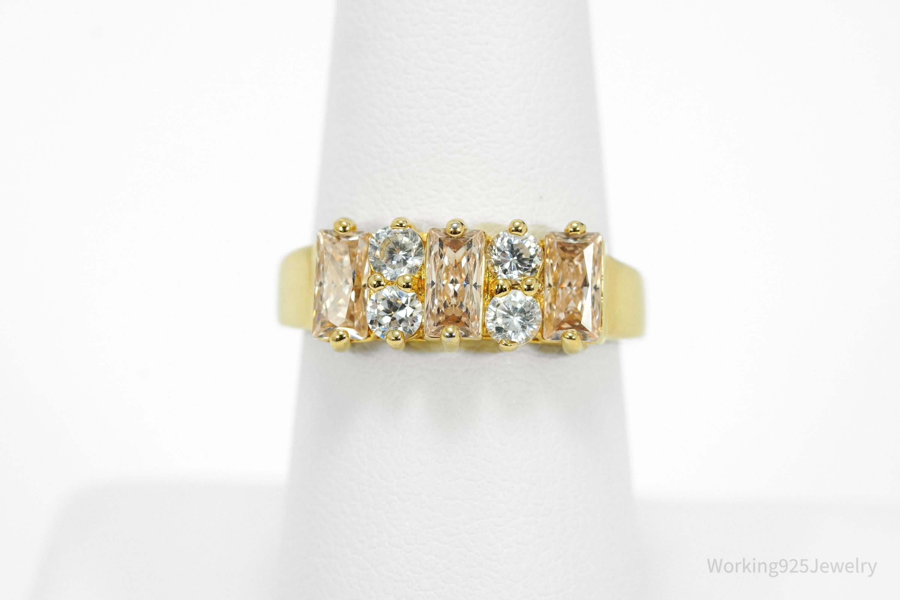 Vintage Champagne & White Cubic Zirconia Gold Over Sterling Silver Ring - Size 6