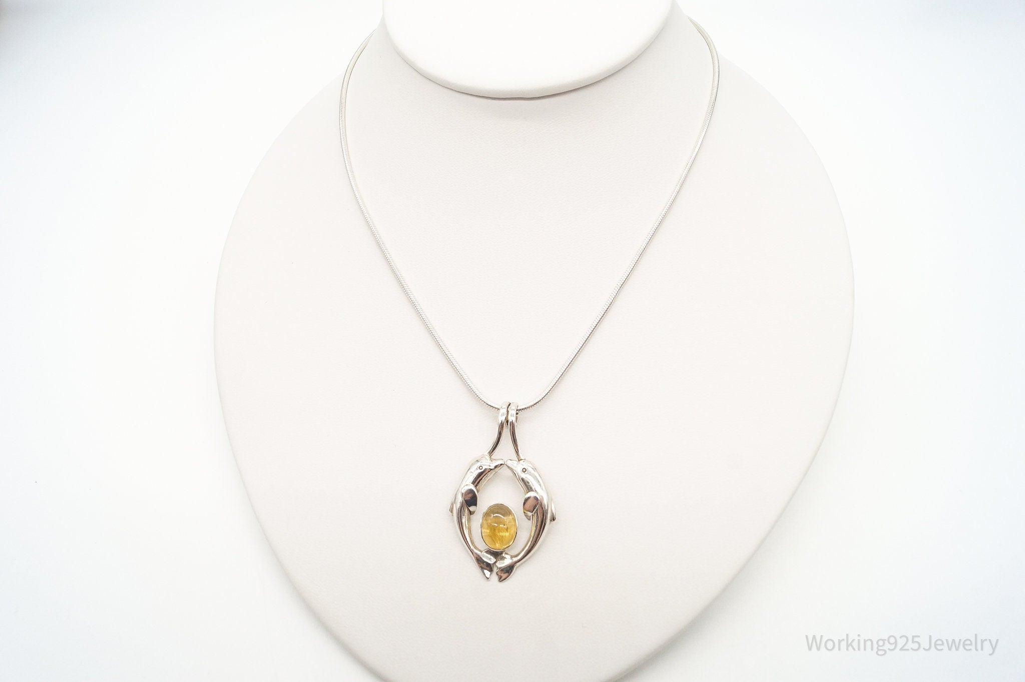 Vintage Large Kissing Dolphins Citrine Sterling Silver Necklace