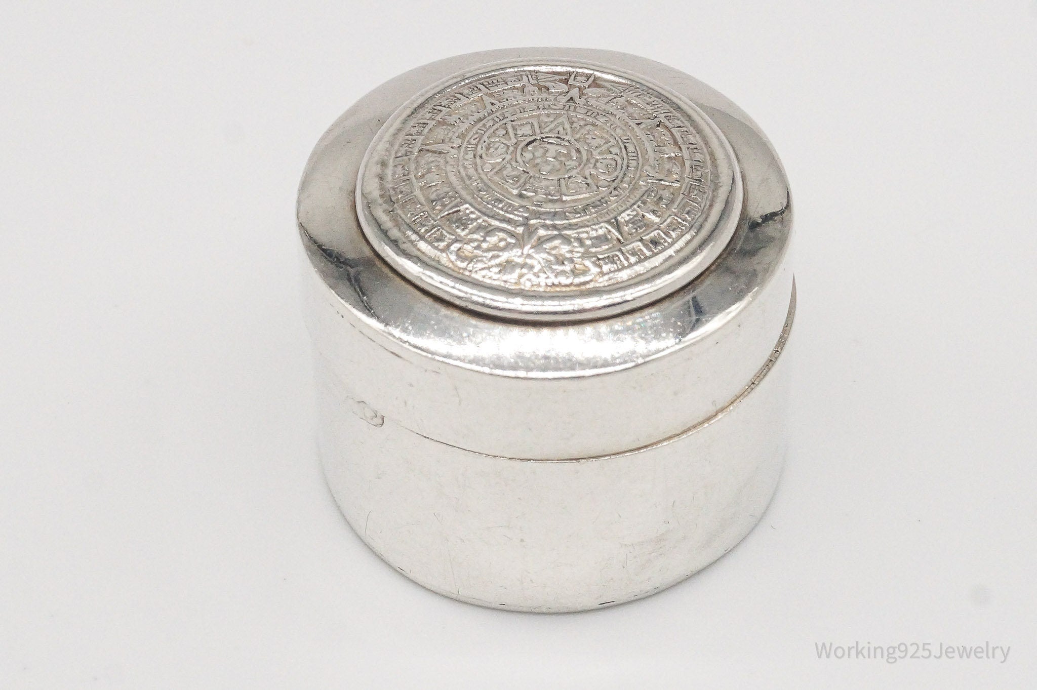 Vintage Mexico Mayan Calendar Sterling Silver Pill Box Trinket Box