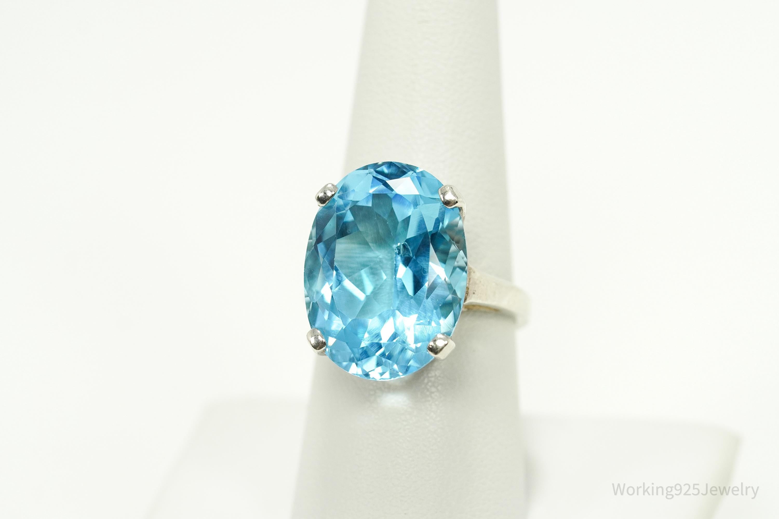 Vintage Large Blue Topaz Sterling Silver Ring - Size 8