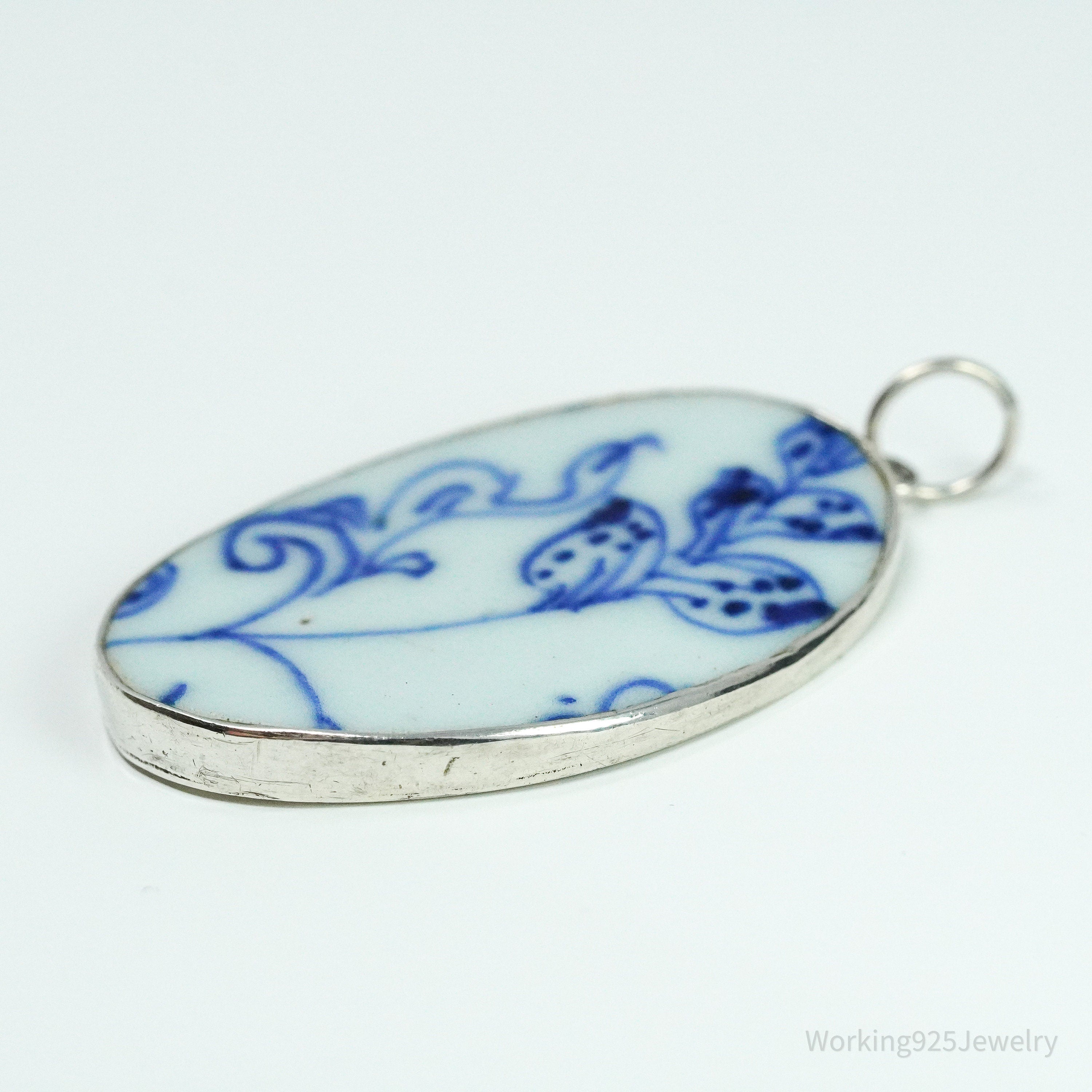 Vintage White Blue Ming Porcelain Sterling Silver Pendant