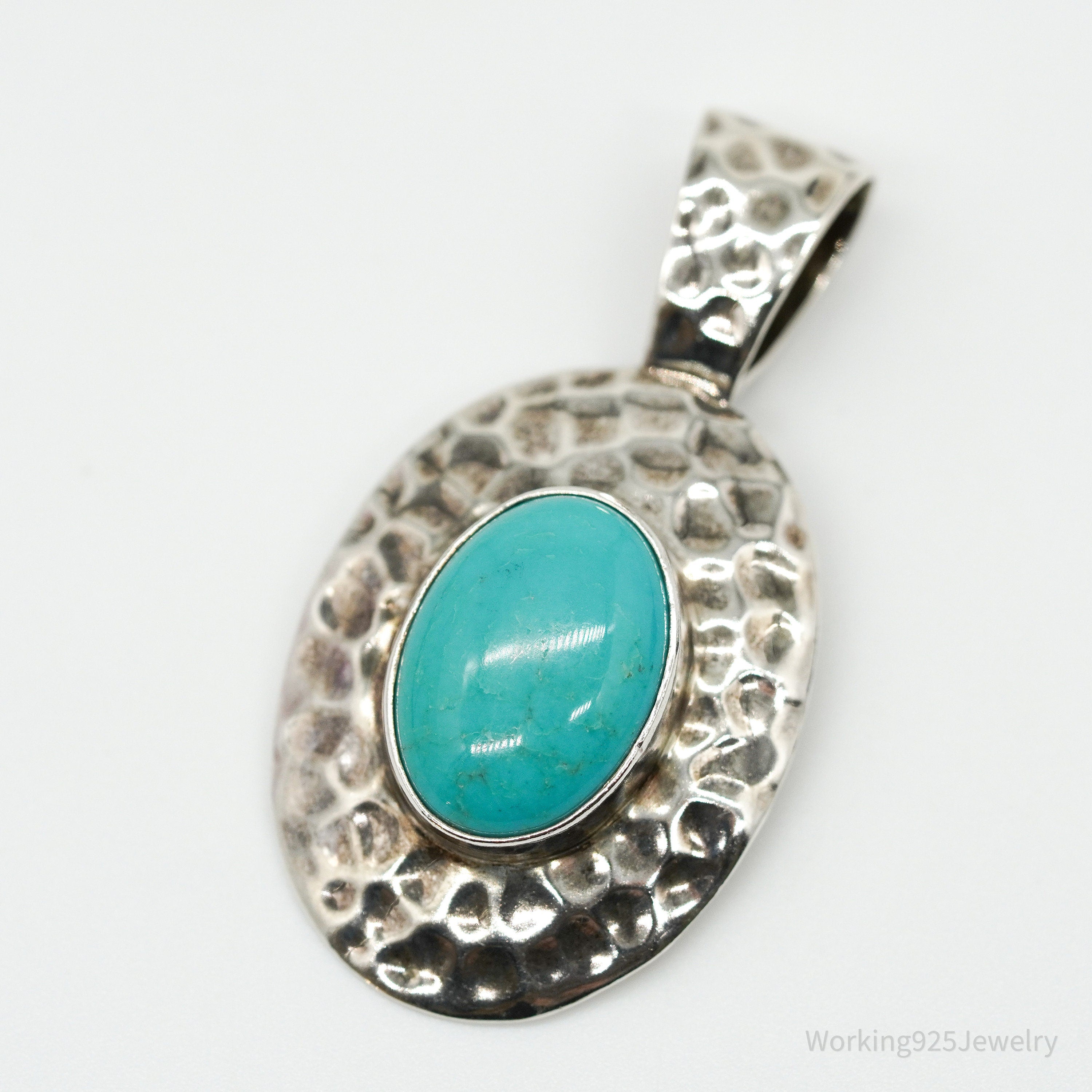 Vintage Large Blue Turquoise Sterling Silver Pendant 1 15/16"