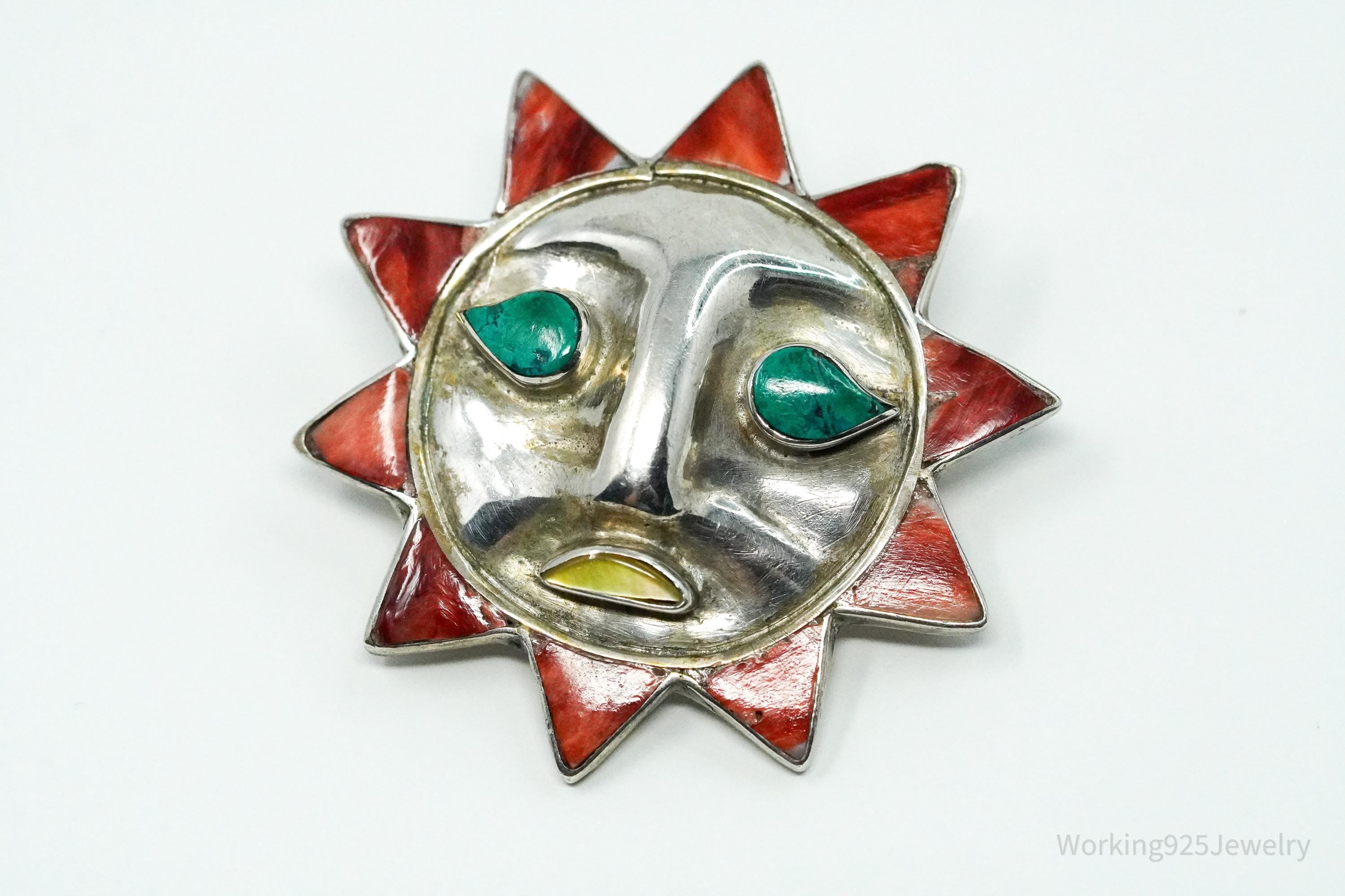 Large Vintage Multi Stone Inlay Sun Face 950 Silver Pendant