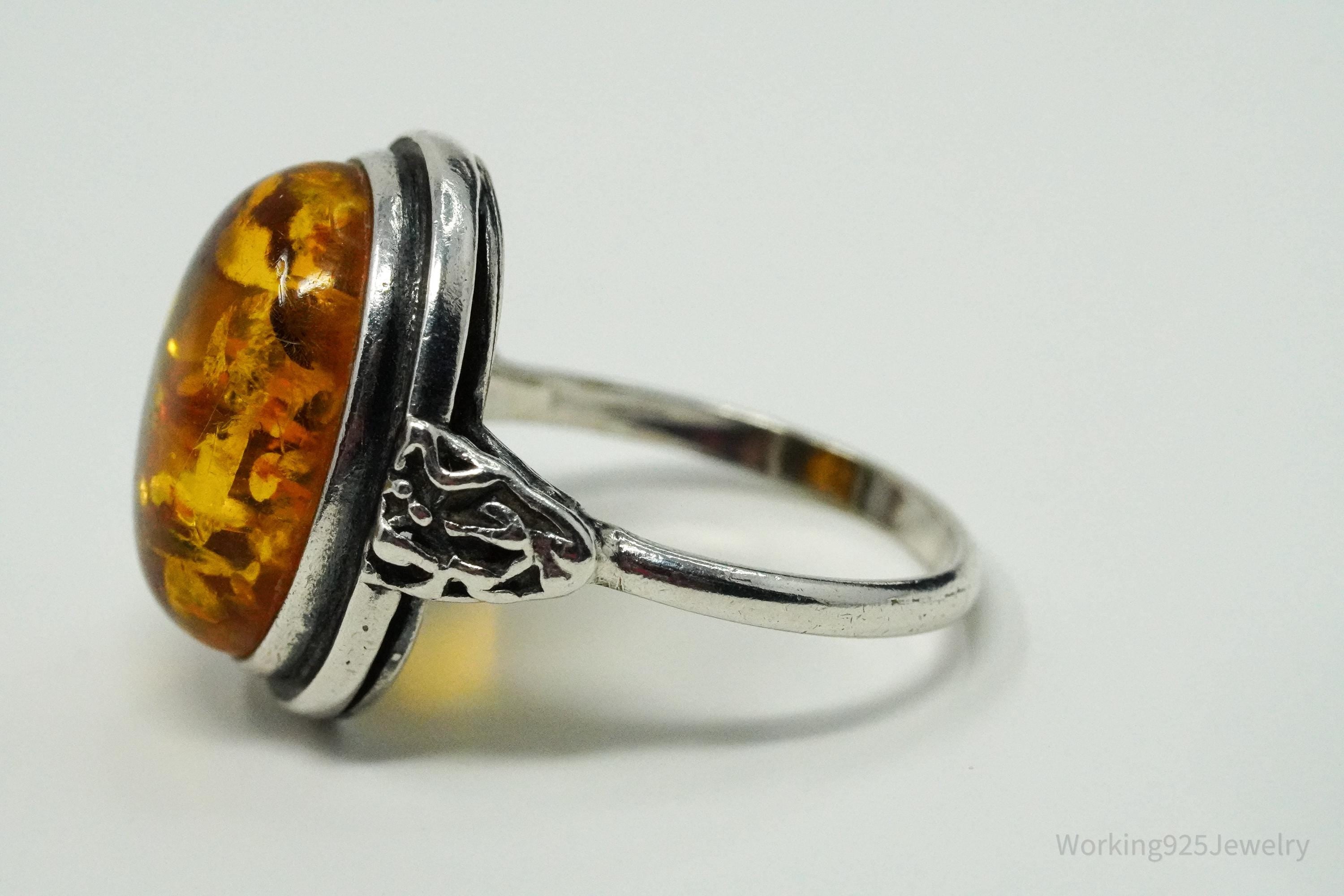 Vintage Amber Sterling Silver Ring - Size 7