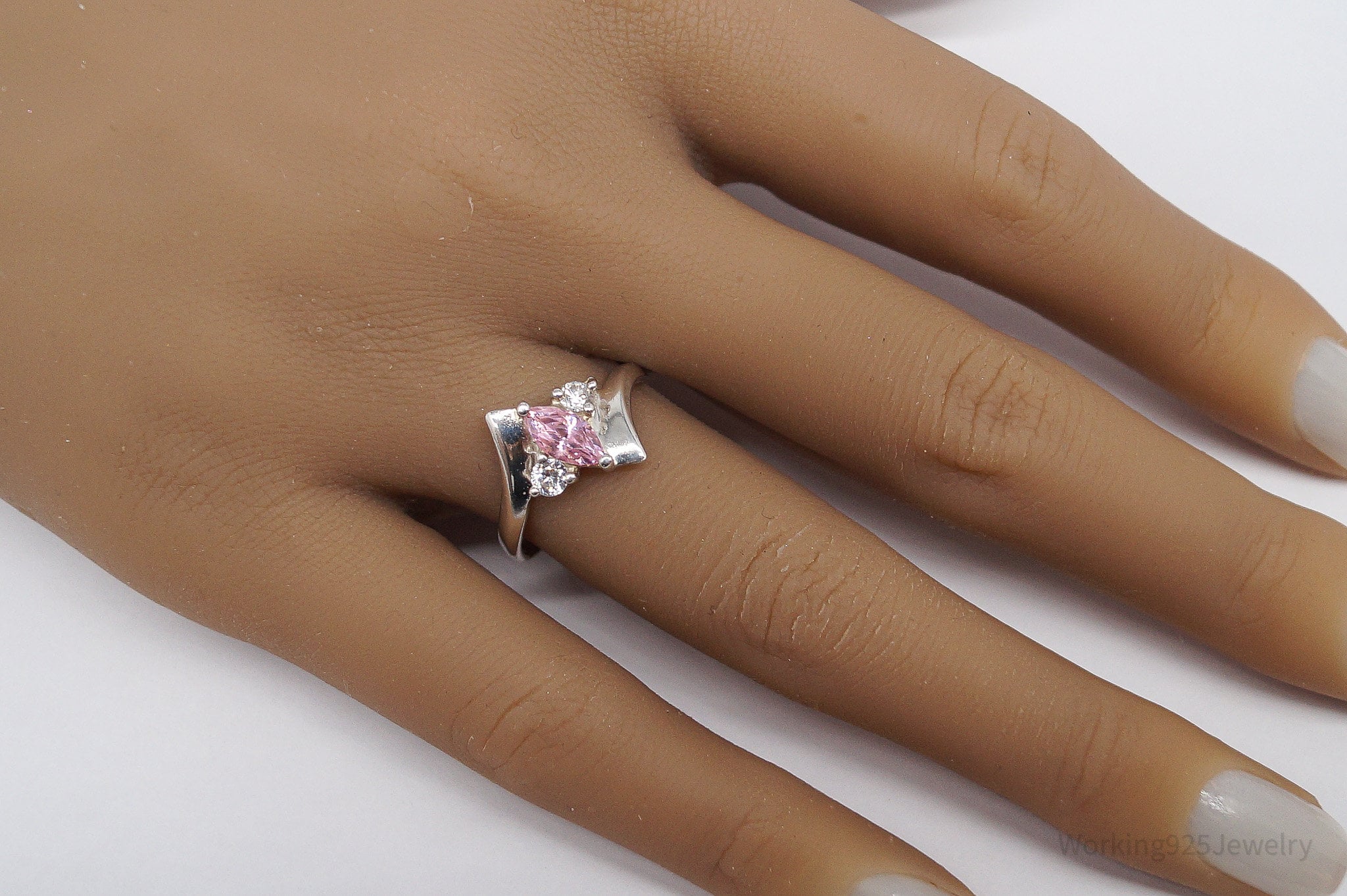 Vintage Pink & White Cubic Zirconia Sterling Silver Ring - Size 8