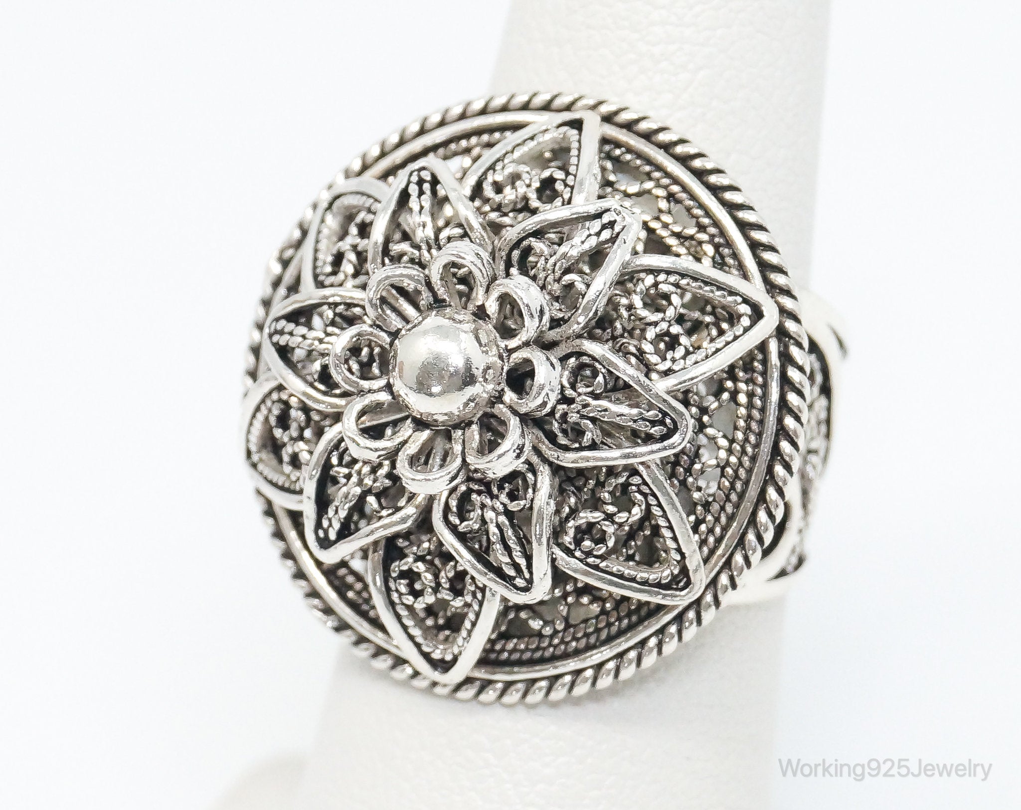 Vintage Turkey Designer DGS Flower Filigree Sterling Silver Ring - Size 6