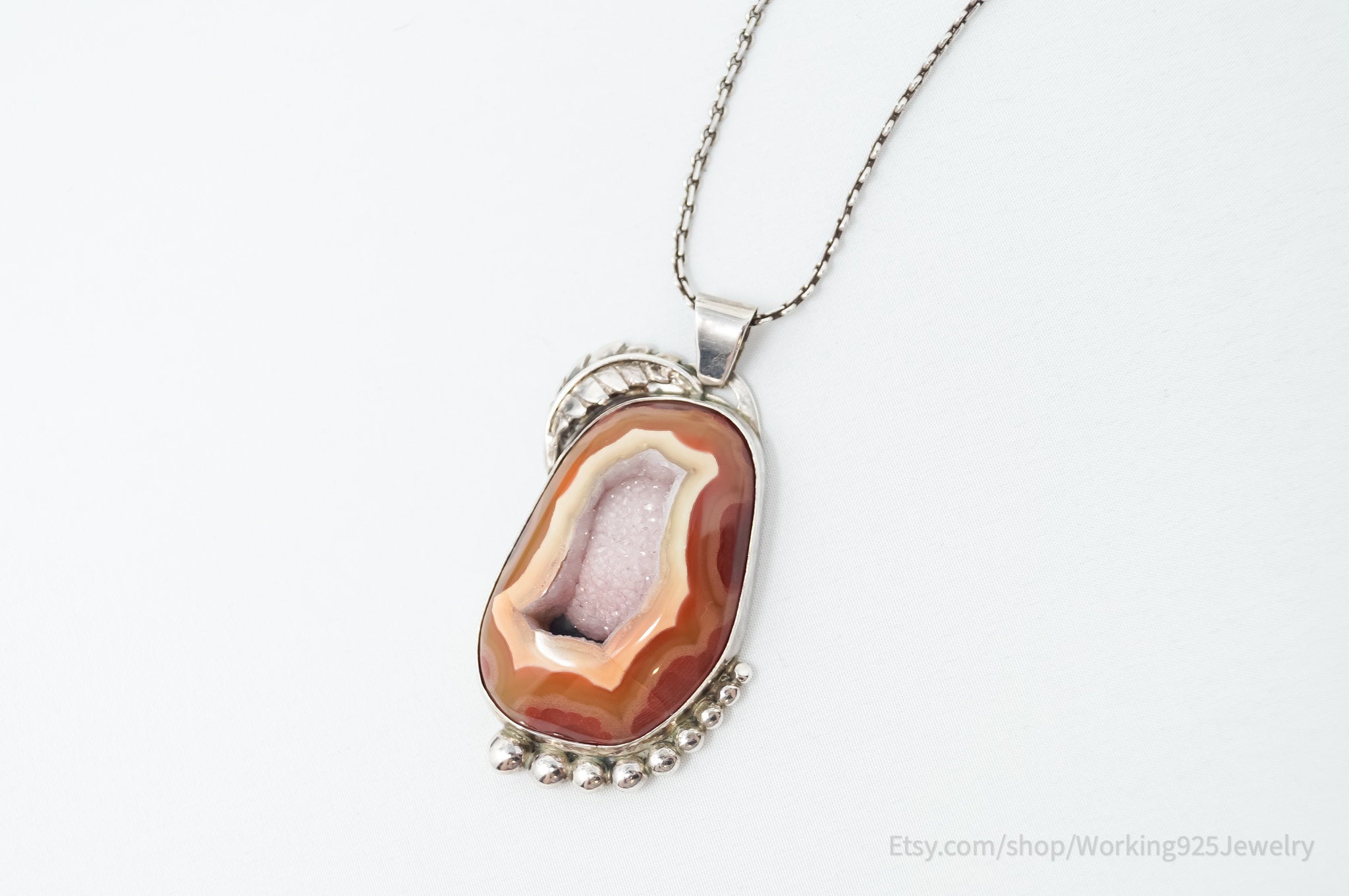 Vintage Signed Native American Crazy Lace Agate Sterling Silver Necklace