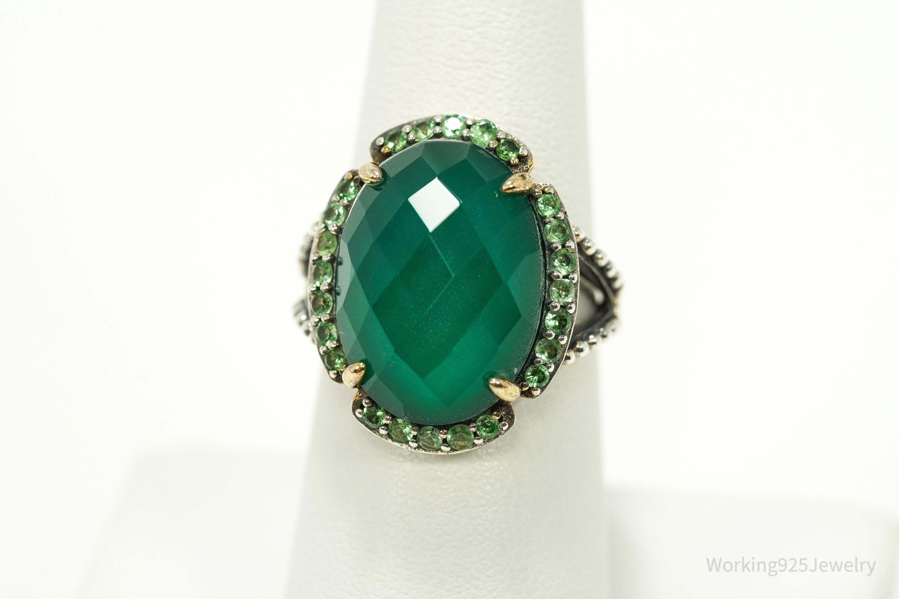 Vintage Green Chrysoprase & Peridot Gold Vermeil Sterling Silver Ring - Size 7